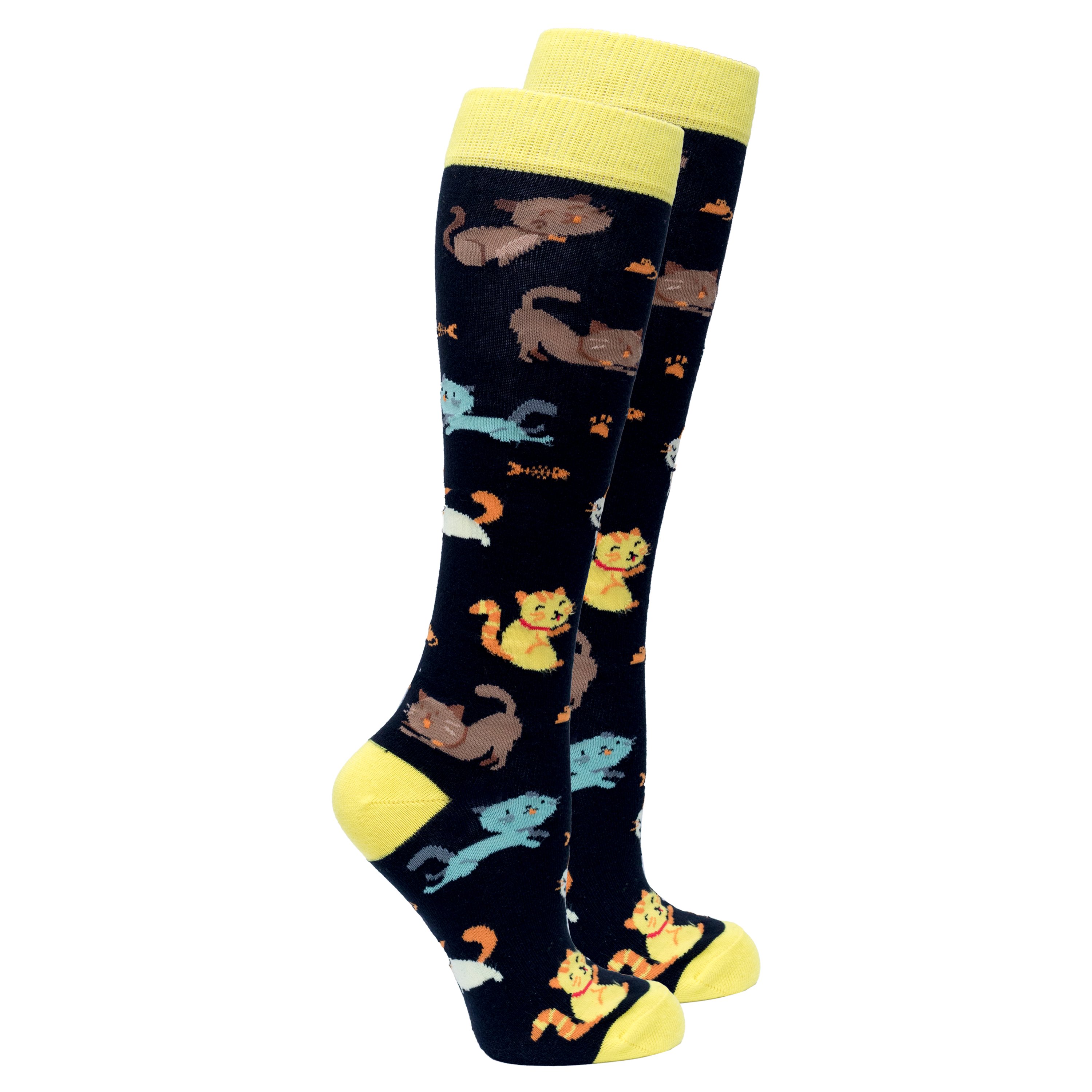 Colorful Women's Kittens Knee High Socks featuring playful kitten designs, made from soft Turkish cotton for comfort.