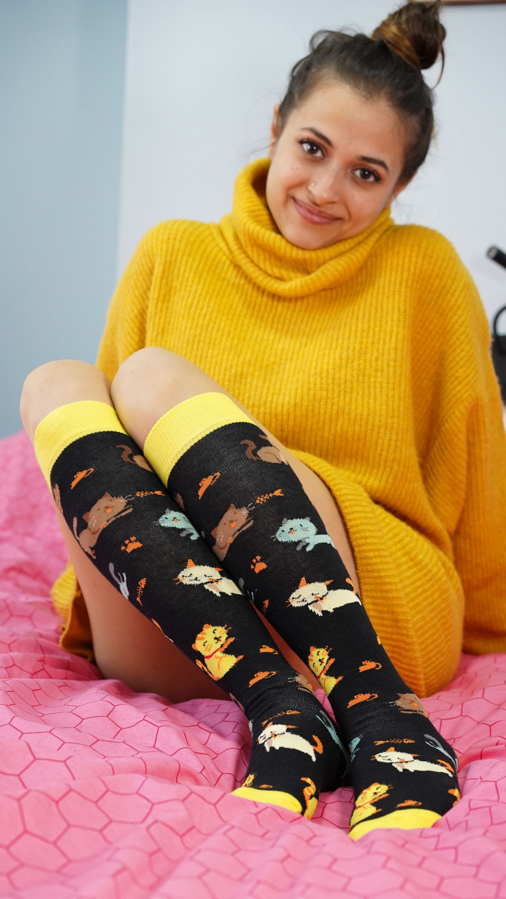 Colorful Women's Kittens Knee High Socks featuring playful kitten designs, made from soft Turkish cotton for comfort.