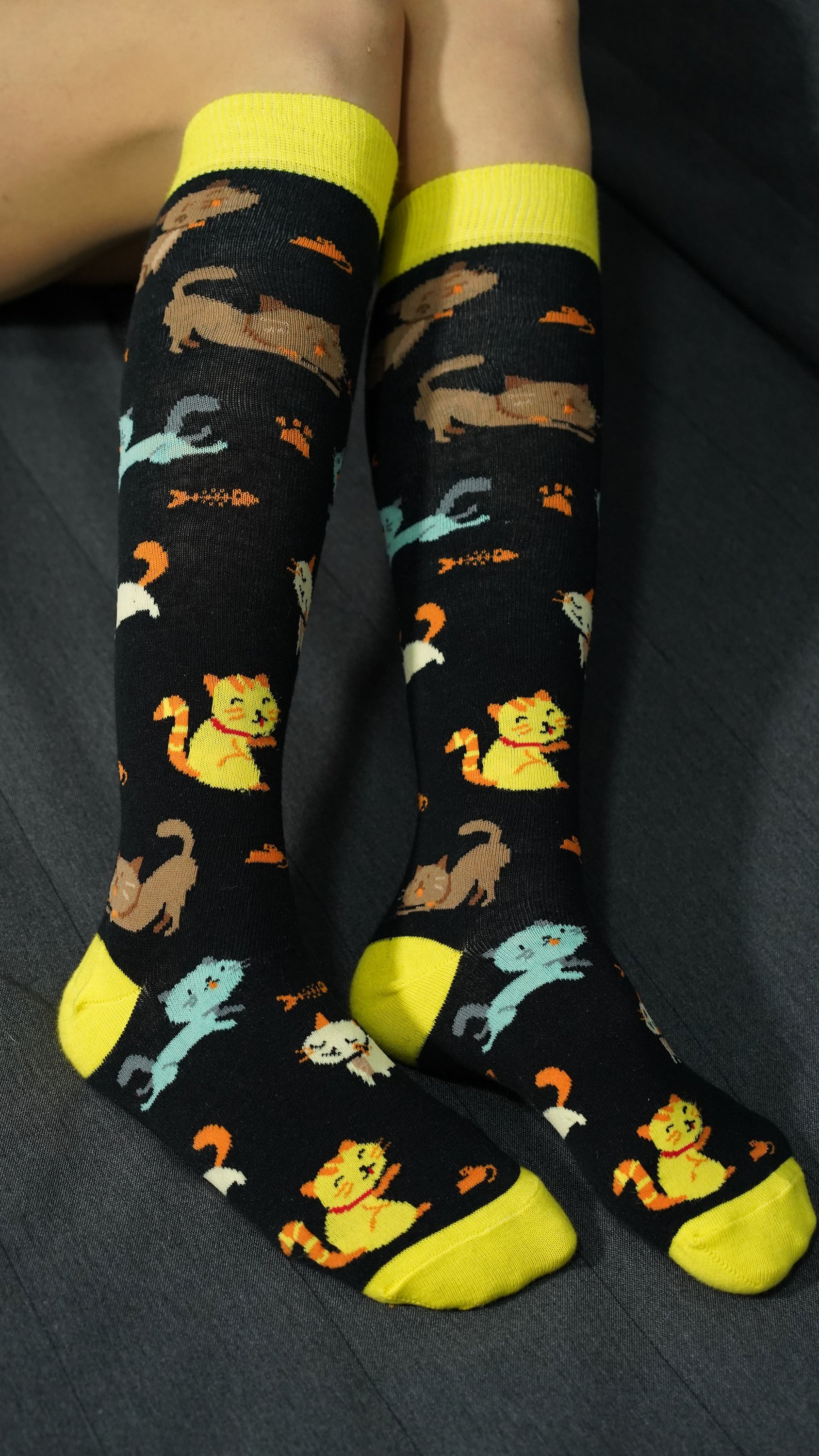 Colorful Women's Kittens Knee High Socks featuring playful kitten designs, made from soft Turkish cotton for comfort.