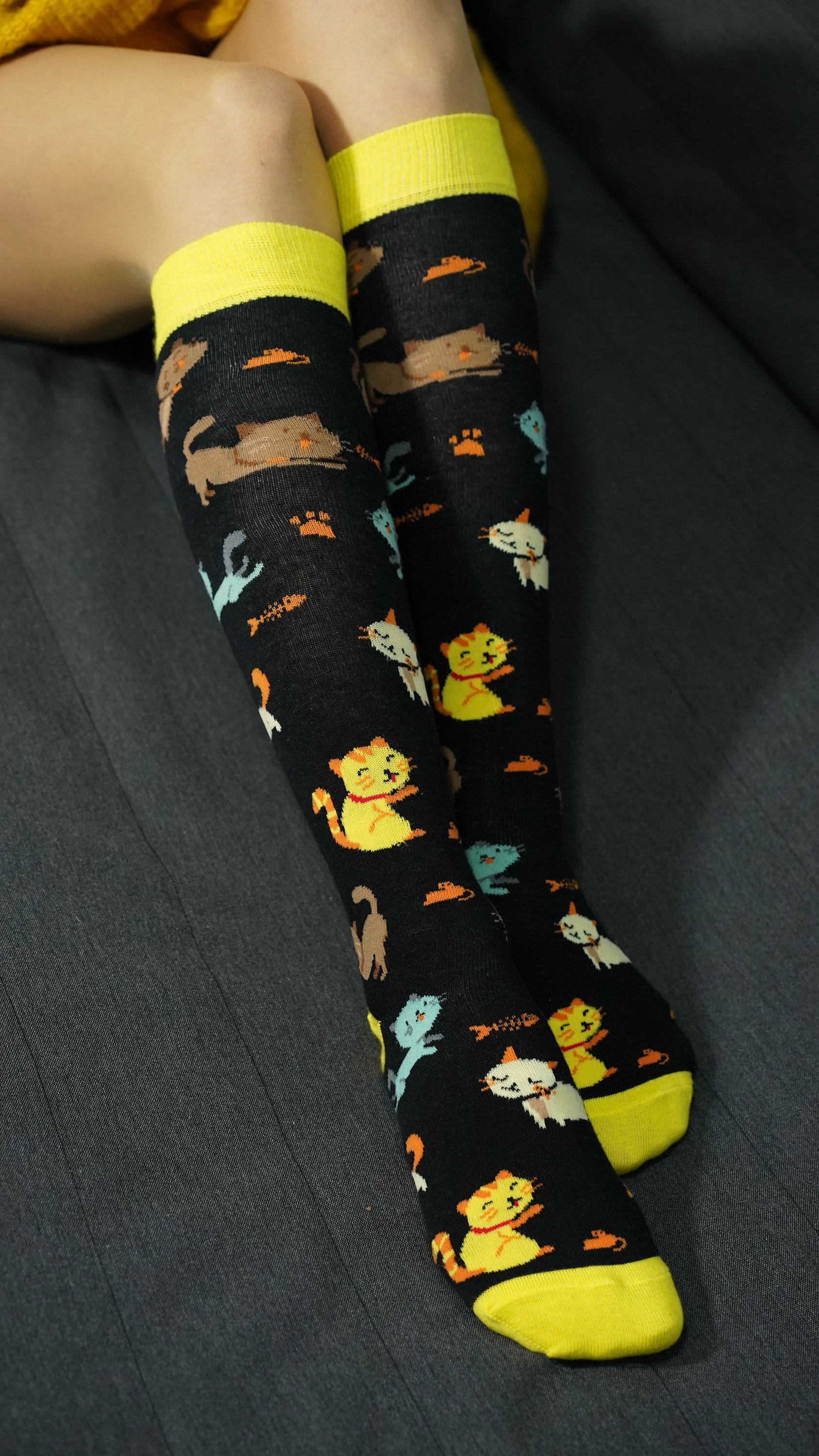 Colorful Women's Kittens Knee High Socks featuring playful kitten designs, made from soft Turkish cotton for comfort.