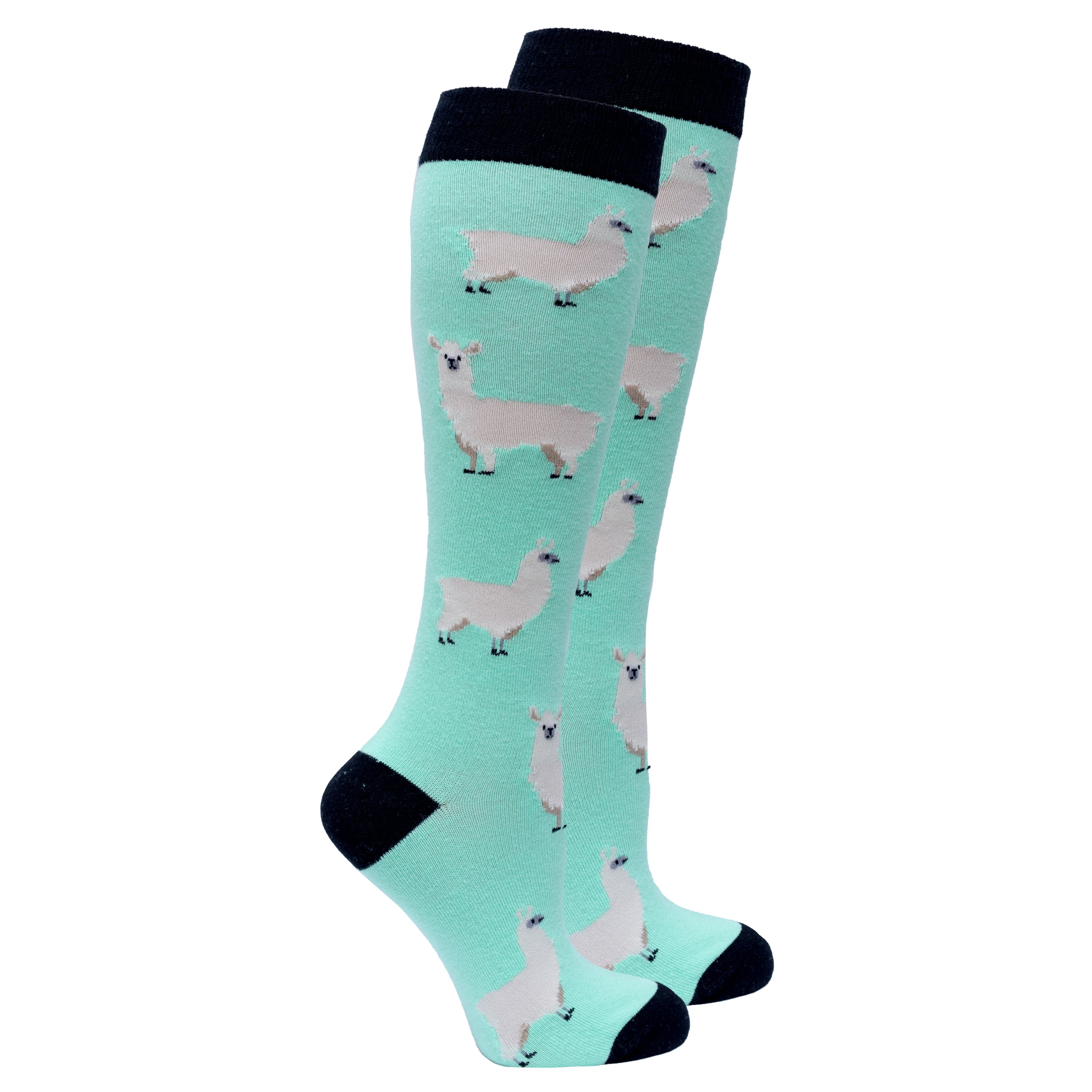 A pair of colorful Women's Llama Knee High Socks featuring a fun llama design, perfect for adding a stylish touch to any outfit.