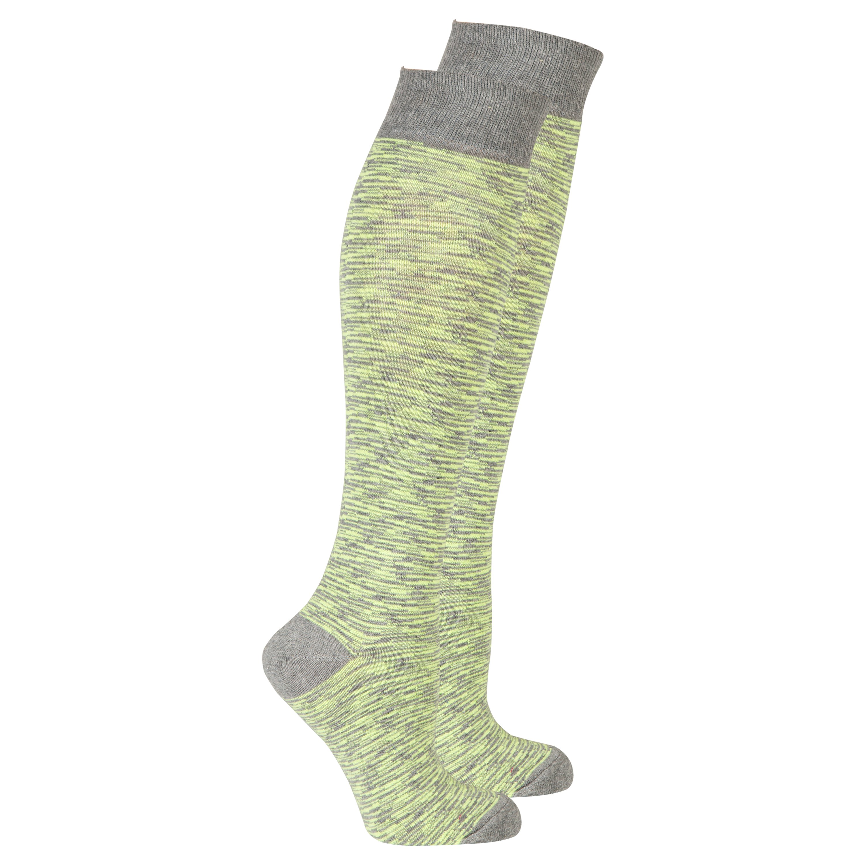 A pair of vibrant Women's Lime Grizzled Stripe Knee High Socks showcasing a colorful striped pattern, perfect for adding flair to any outfit.