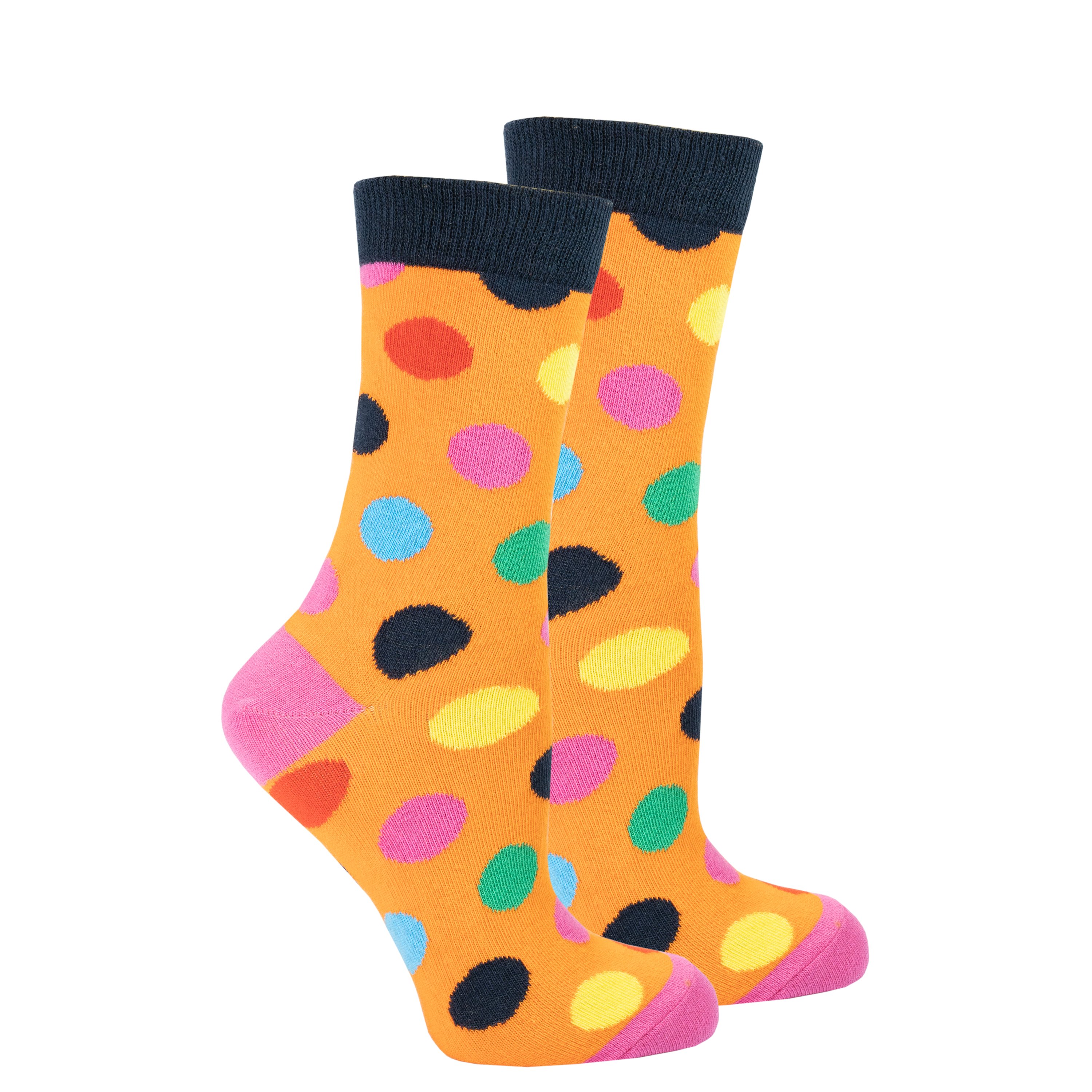 A pair of Women's Mandarin Dot Socks featuring colorful mandarin dot patterns, made from soft Turkish cotton for comfort.