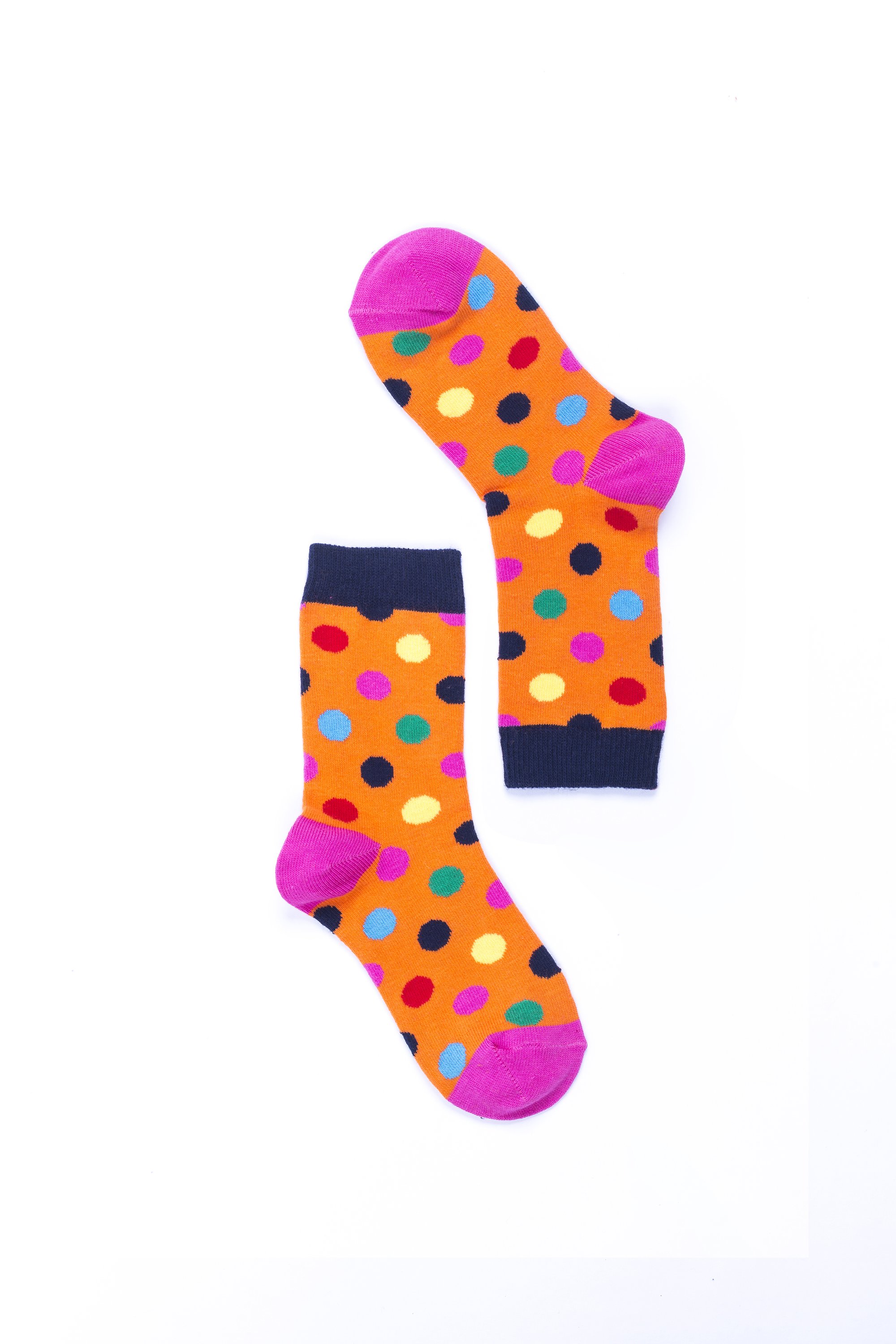 A pair of Women's Mandarin Dot Socks featuring colorful mandarin dot patterns, made from soft Turkish cotton for comfort.