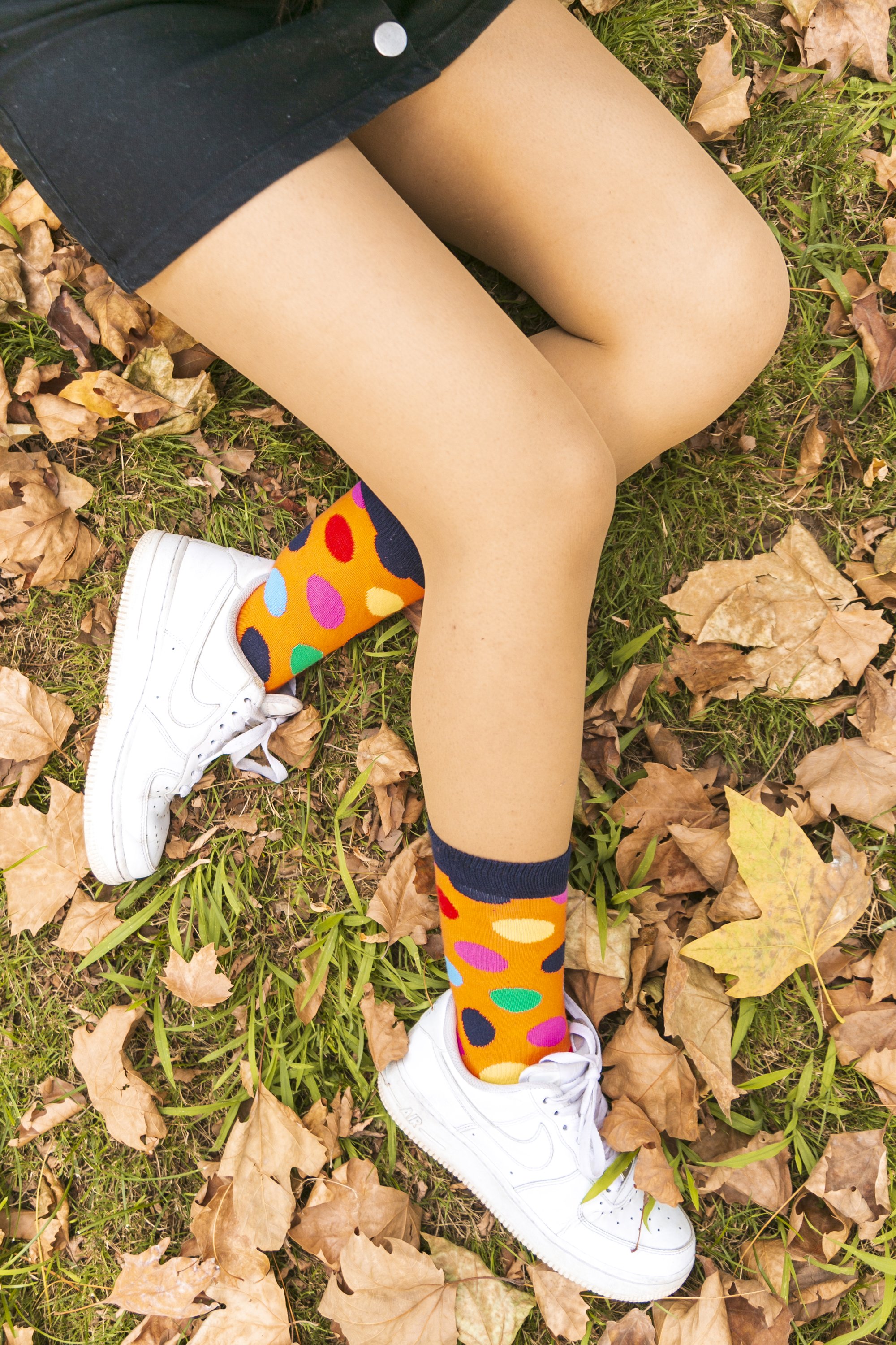 A pair of Women's Mandarin Dot Socks featuring colorful mandarin dot patterns, made from soft Turkish cotton for comfort.