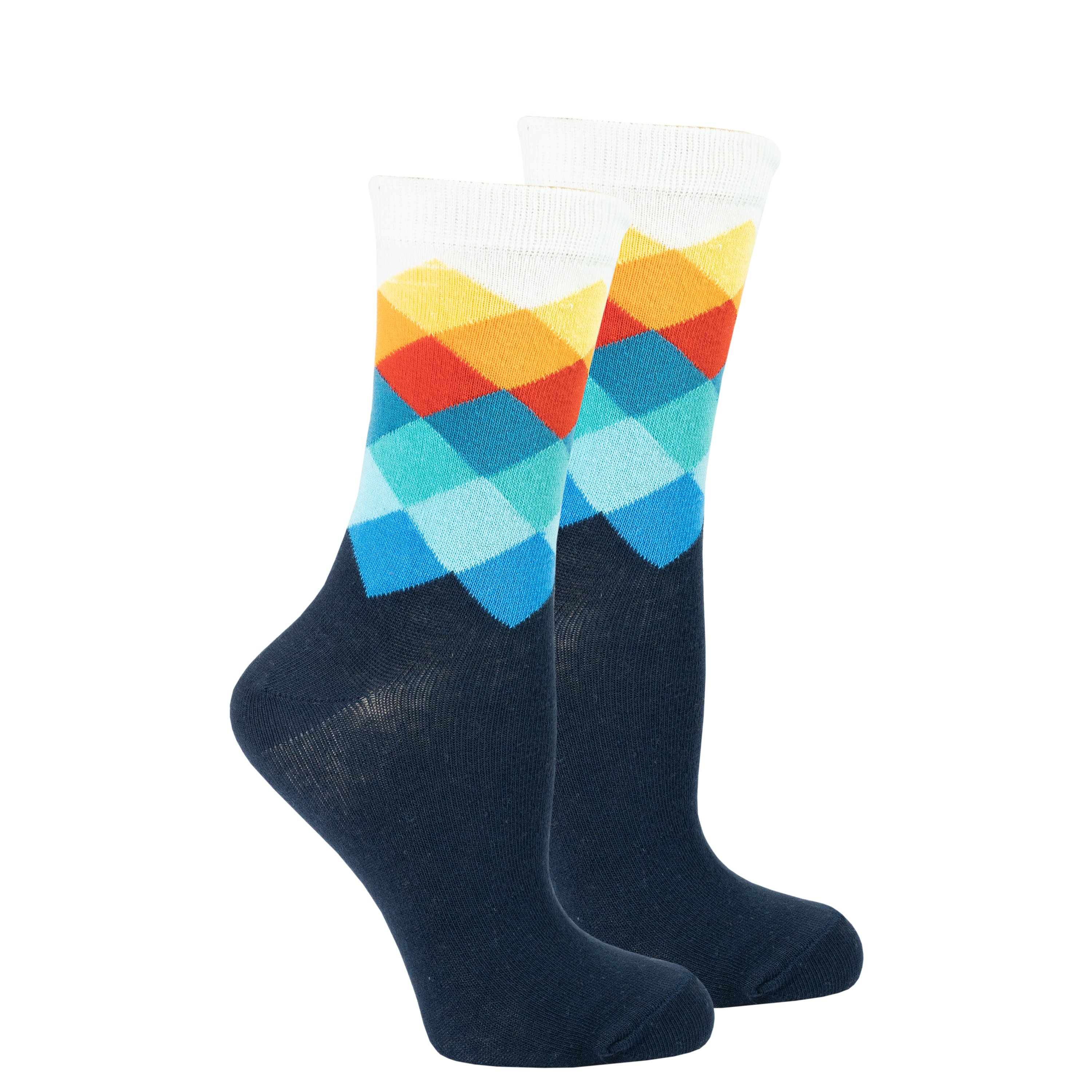 A pair of Women's Marine Diamond Socks featuring colorful patterns and soft cotton material, perfect for stylish comfort.