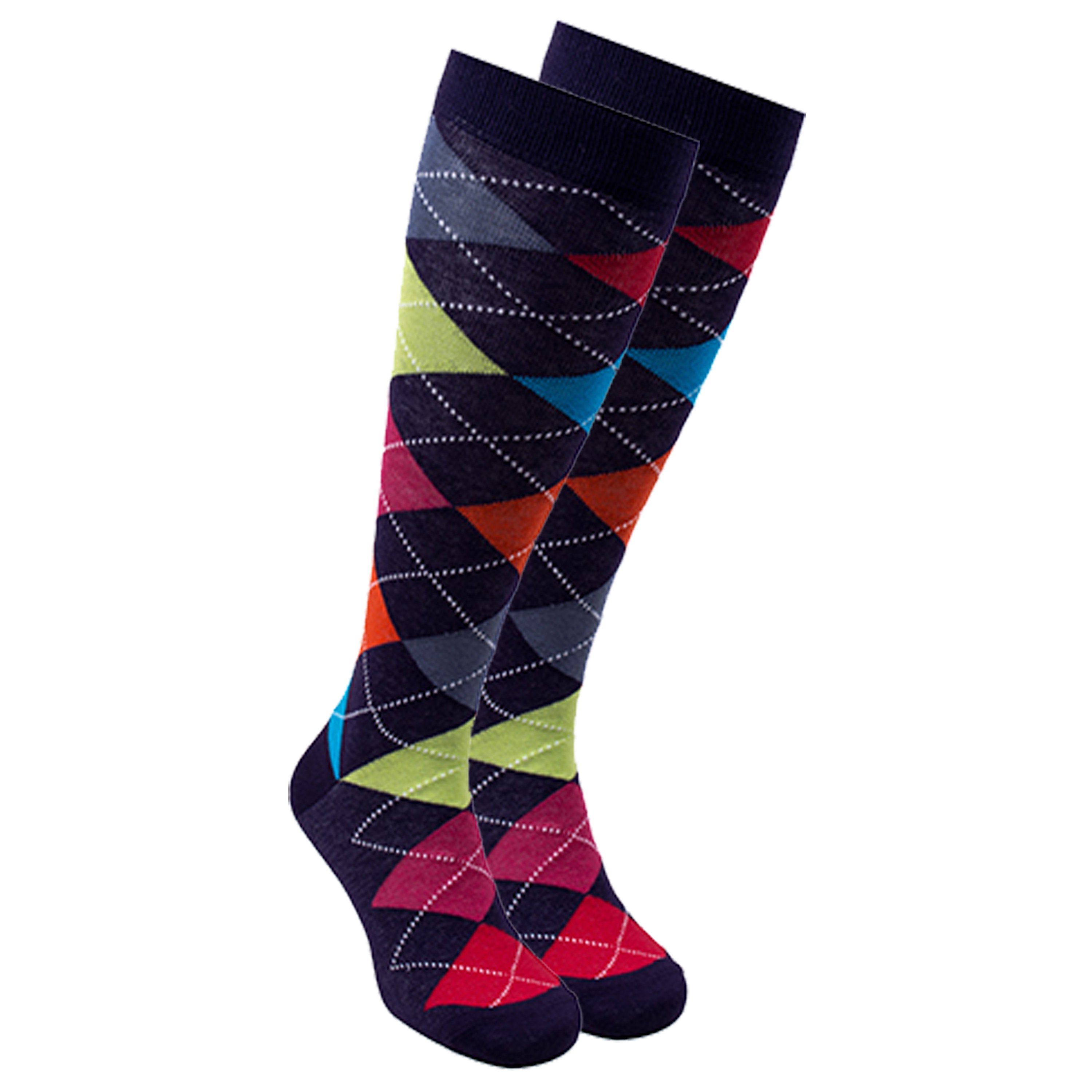 A pair of Women's Mixed Navy Argyle Knee High Socks featuring a colorful argyle pattern, perfect for adding style and comfort to any outfit.