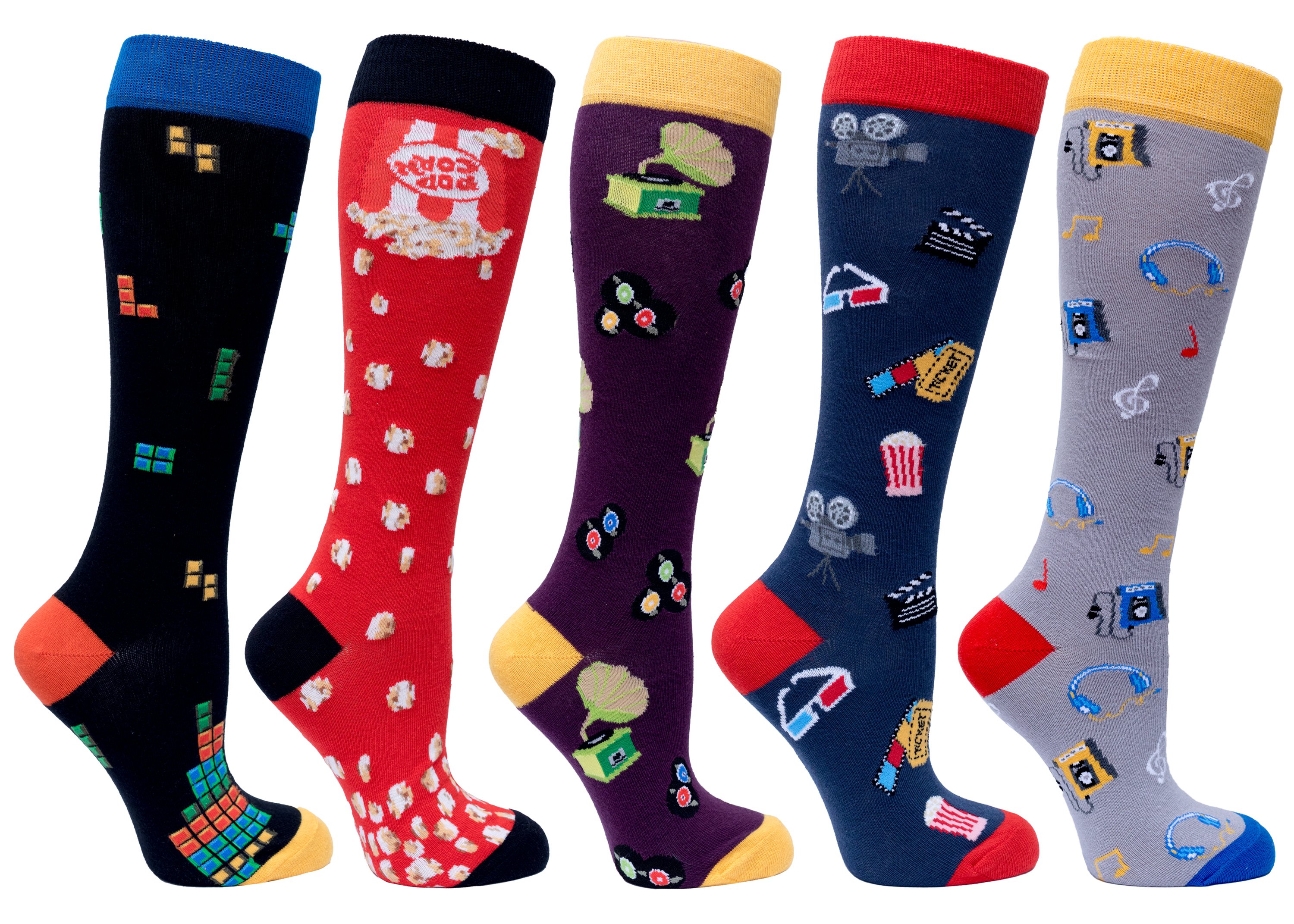 A vibrant set of Women's More Fun Knee High Socks featuring colorful patterns and designs, perfect for adding style to any outfit.