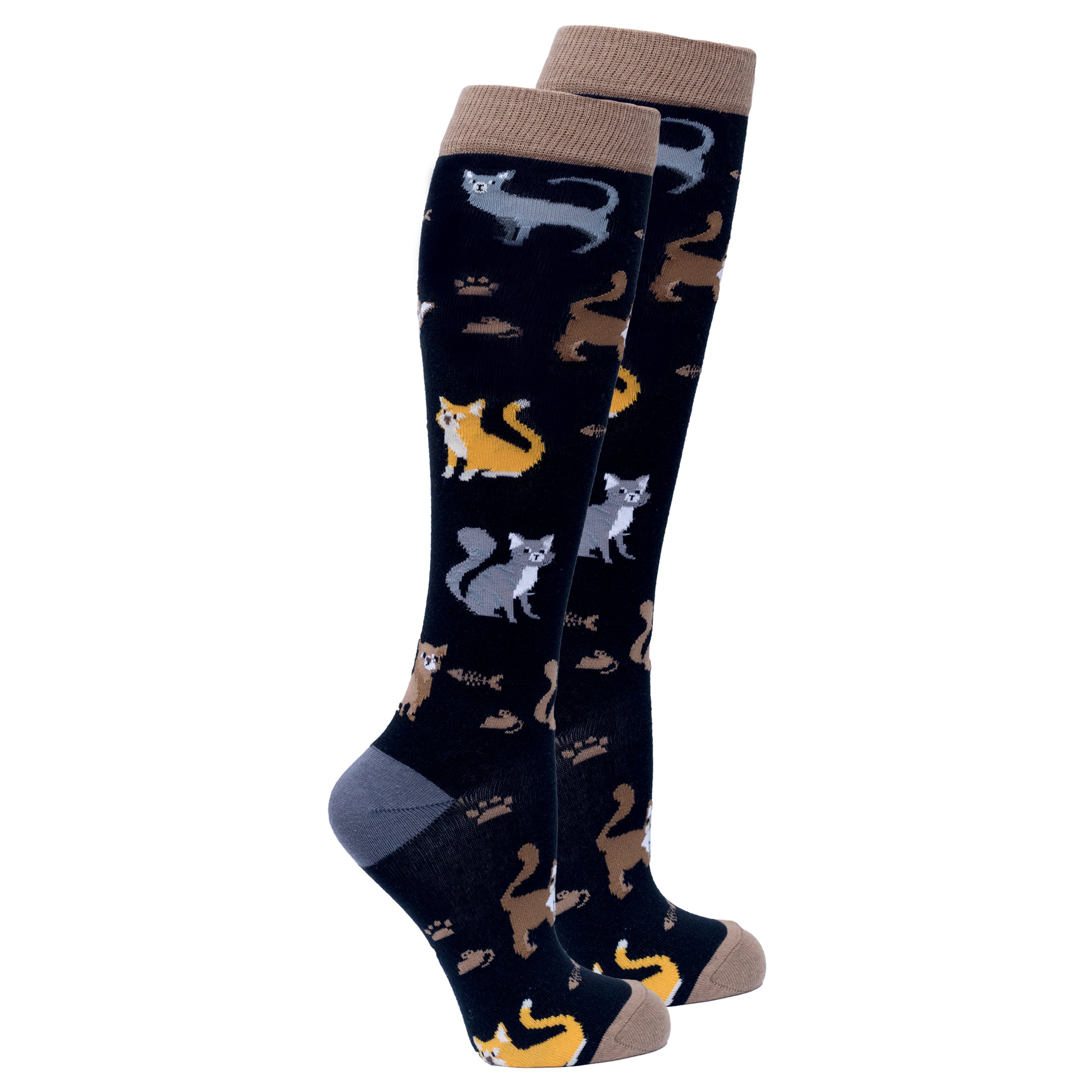 Colorful Women's Mrs. Kitty Knee High Socks featuring trendy patterns and premium cotton material for comfort.