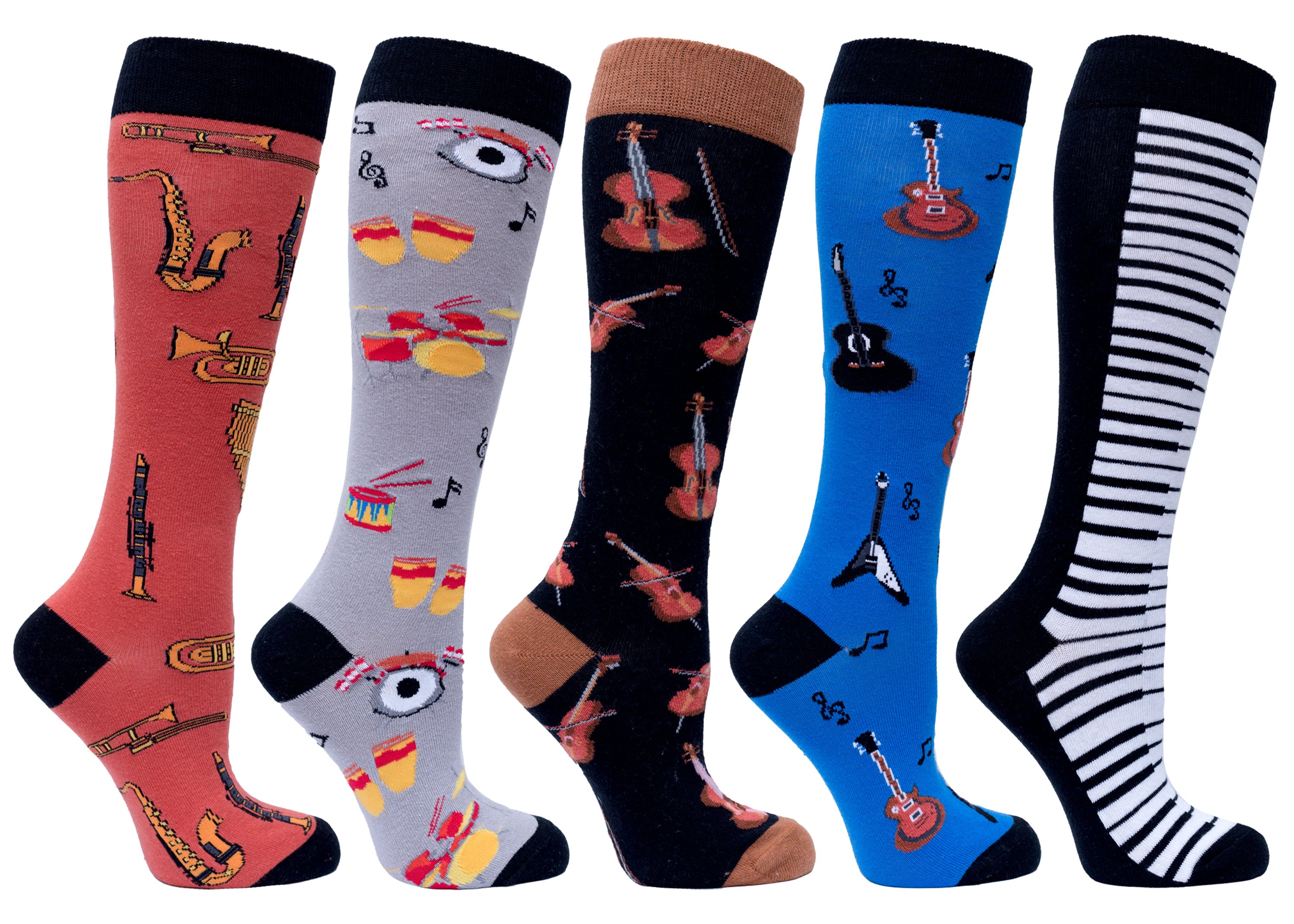 A vibrant set of Women's Music Knee High Socks featuring colorful patterns and designs, perfect for adding style to any outfit.