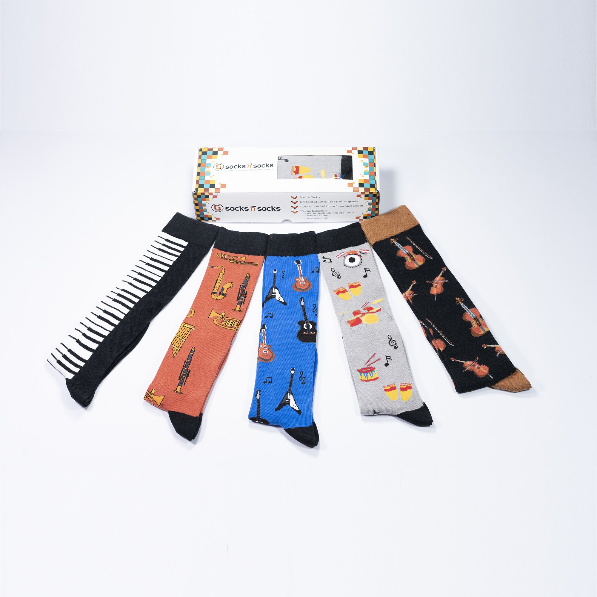 A vibrant set of Women's Music Knee High Socks featuring colorful patterns and designs, perfect for adding style to any outfit.