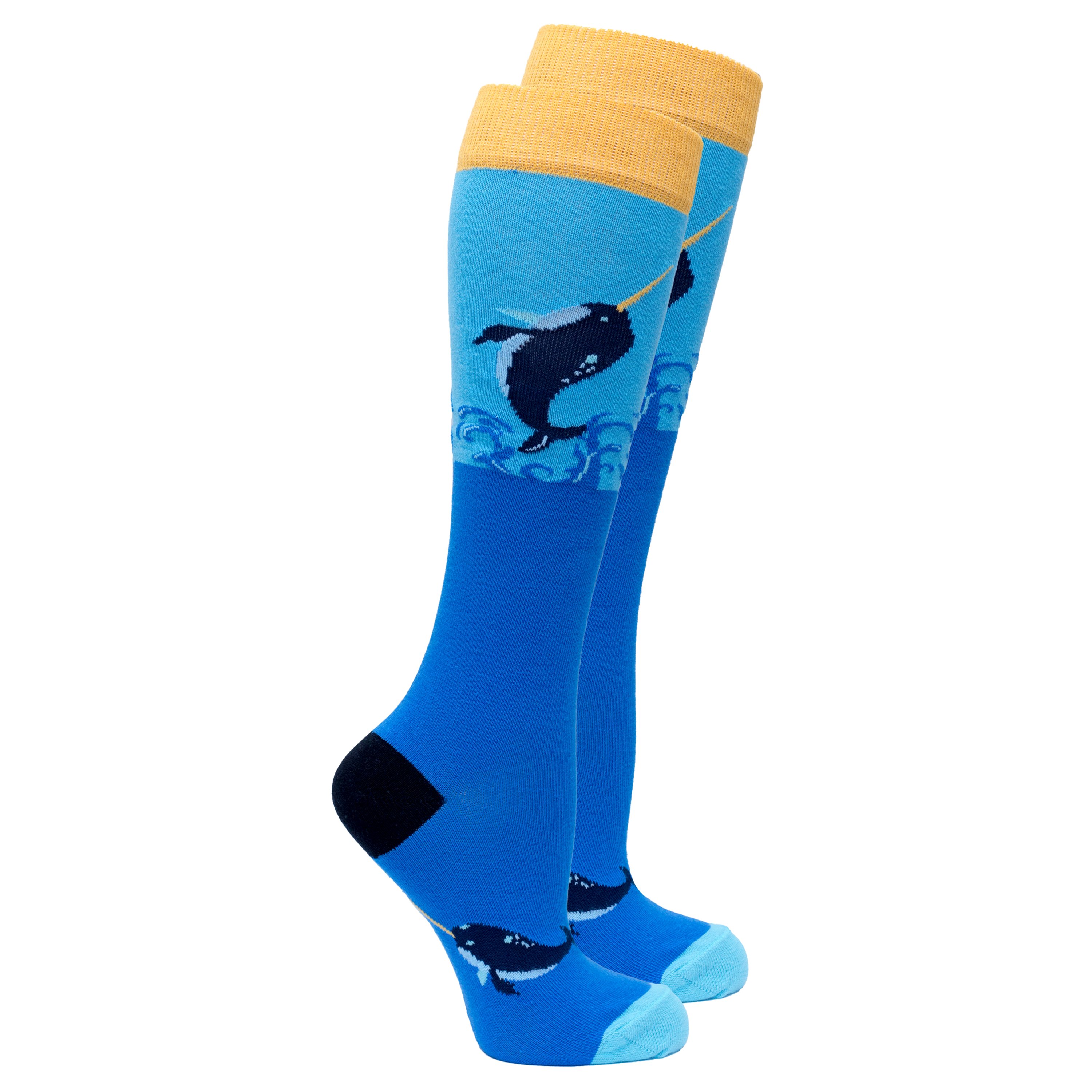 Colorful Women's Narwhal Knee High Socks featuring a playful narwhal design, made from soft Turkish cotton for comfort and style.