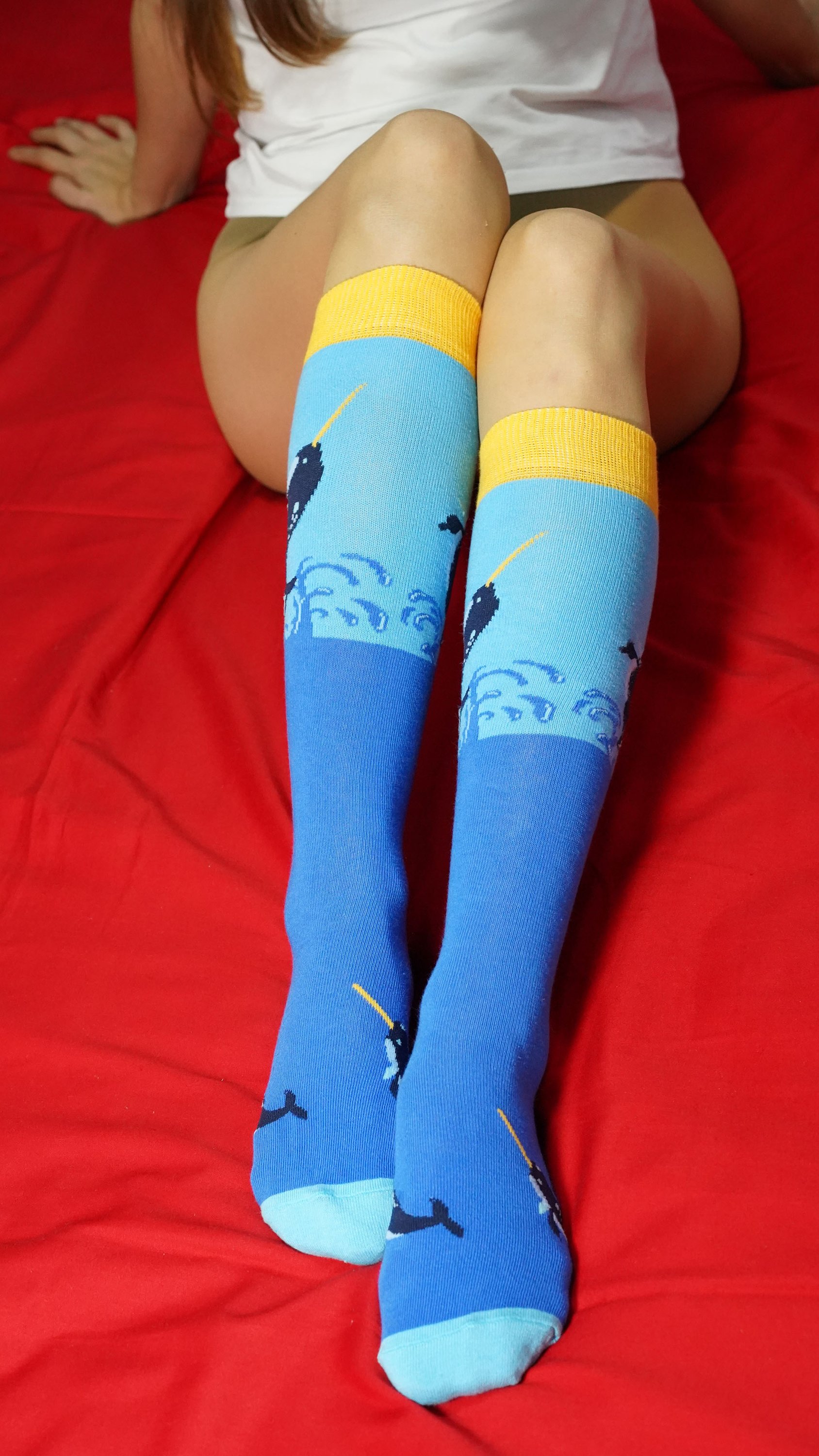 Colorful Women's Narwhal Knee High Socks featuring a playful narwhal design, made from soft Turkish cotton for comfort and style.