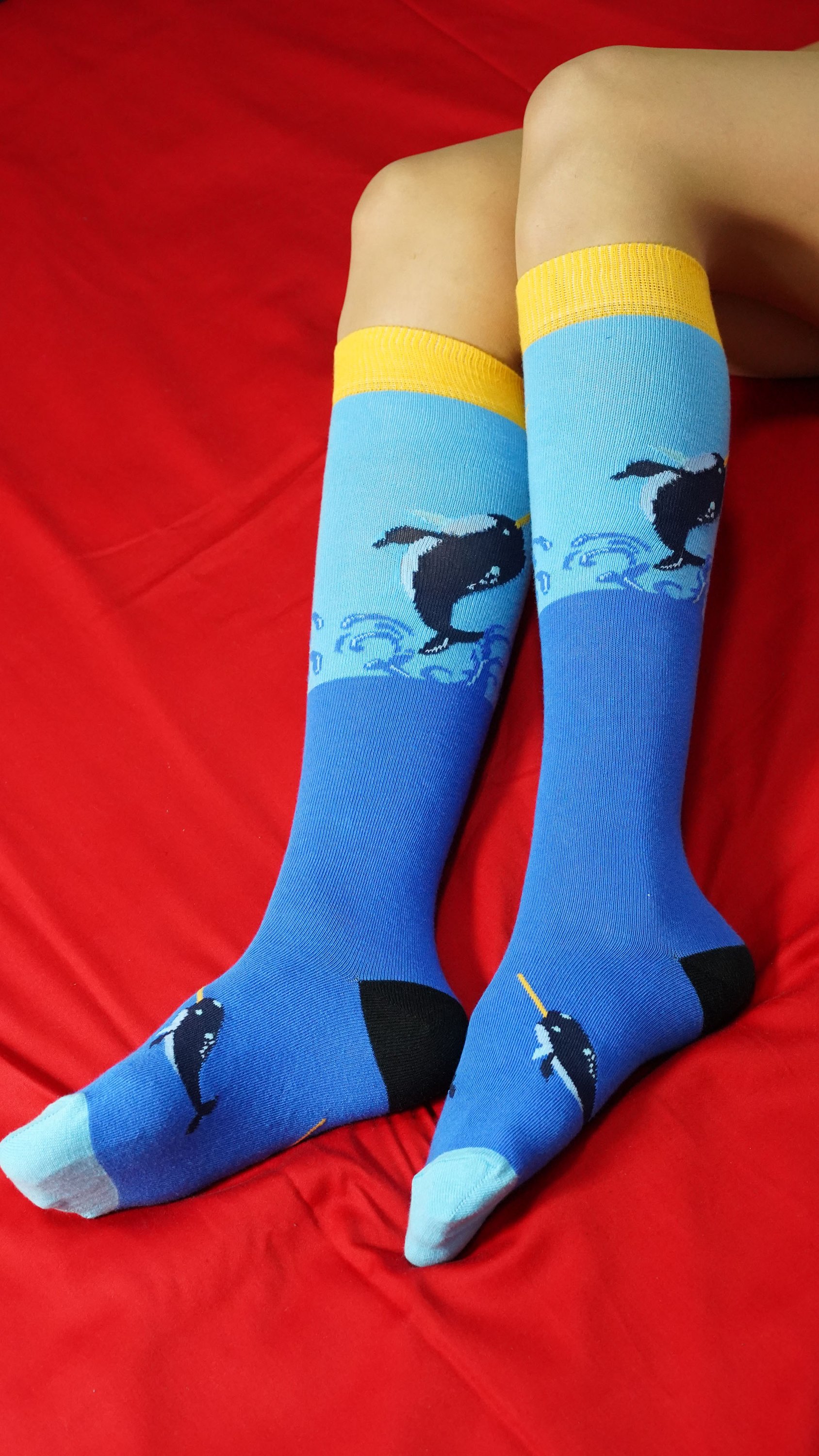 Colorful Women's Narwhal Knee High Socks featuring a playful narwhal design, made from soft Turkish cotton for comfort and style.