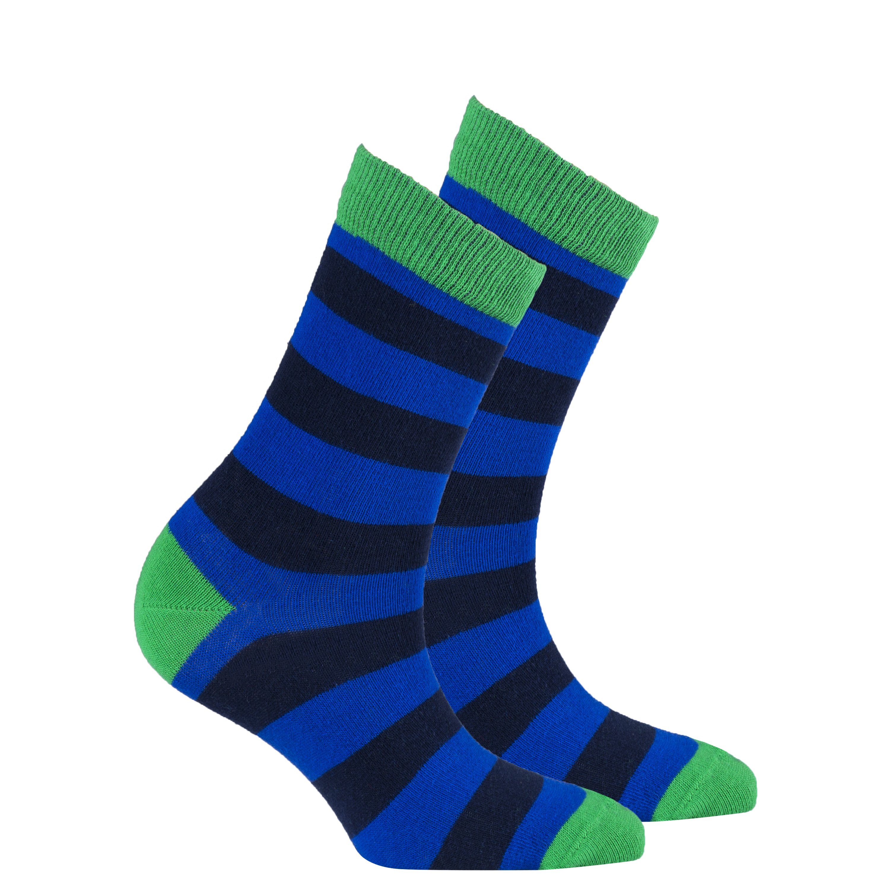 A pair of Women's Navy Emerald Stripe Socks featuring vibrant colors and a trendy design, perfect for adding style to any outfit.