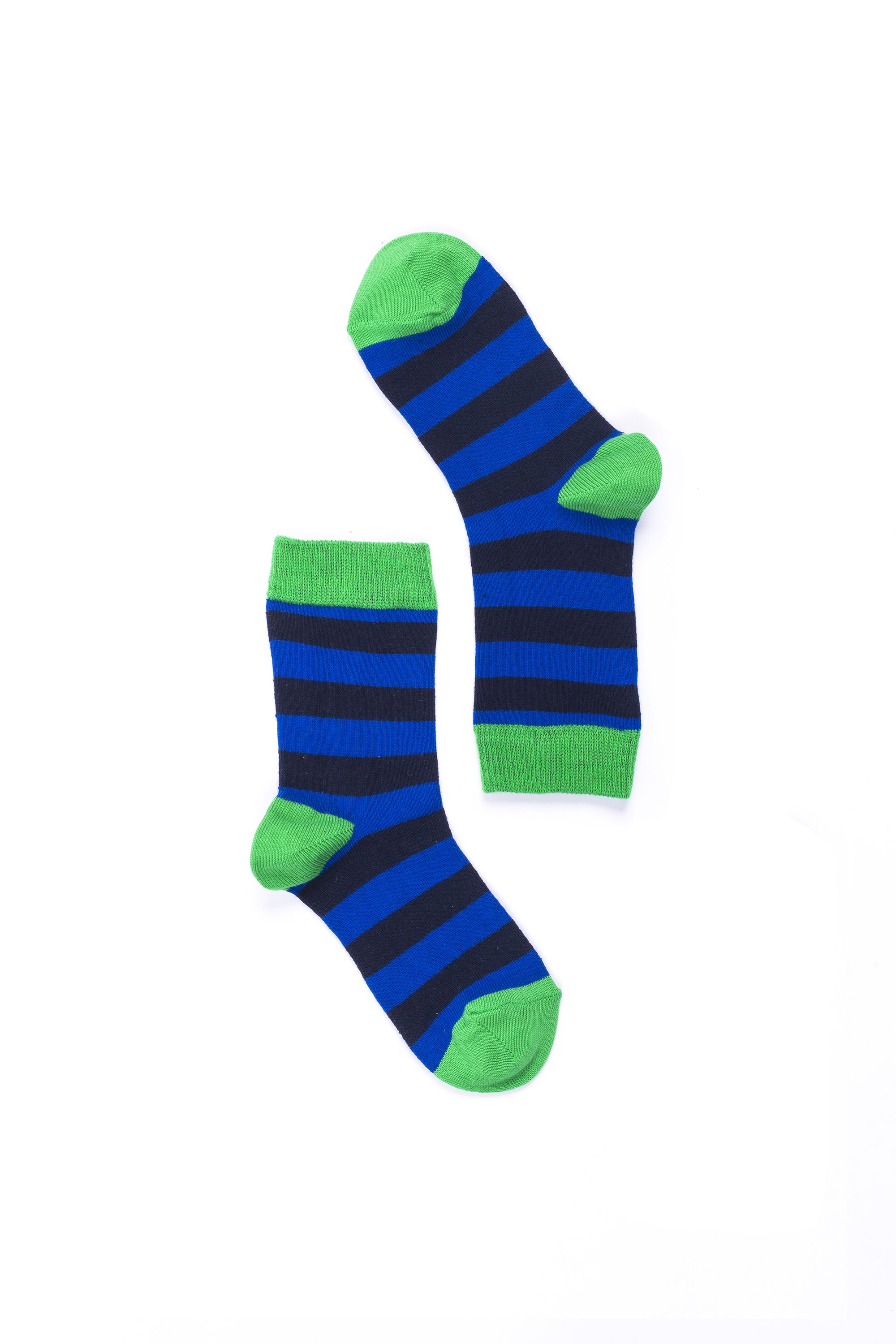 A pair of Women's Navy Emerald Stripe Socks featuring vibrant colors and a trendy design, perfect for adding style to any outfit.