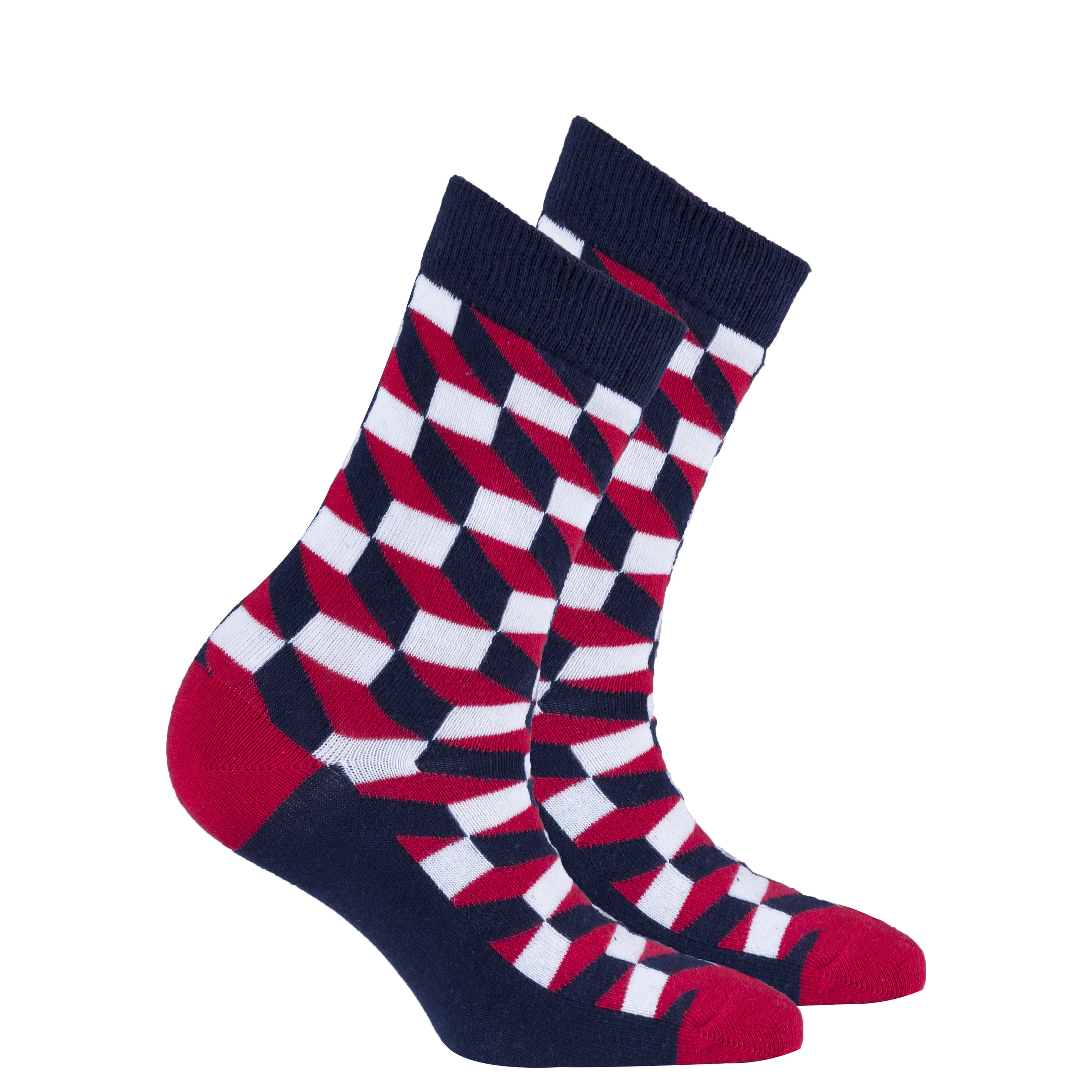 A pair of Women's Navy-Red Block Socks featuring a vibrant block design, made from soft Turkish cotton for comfort and style.