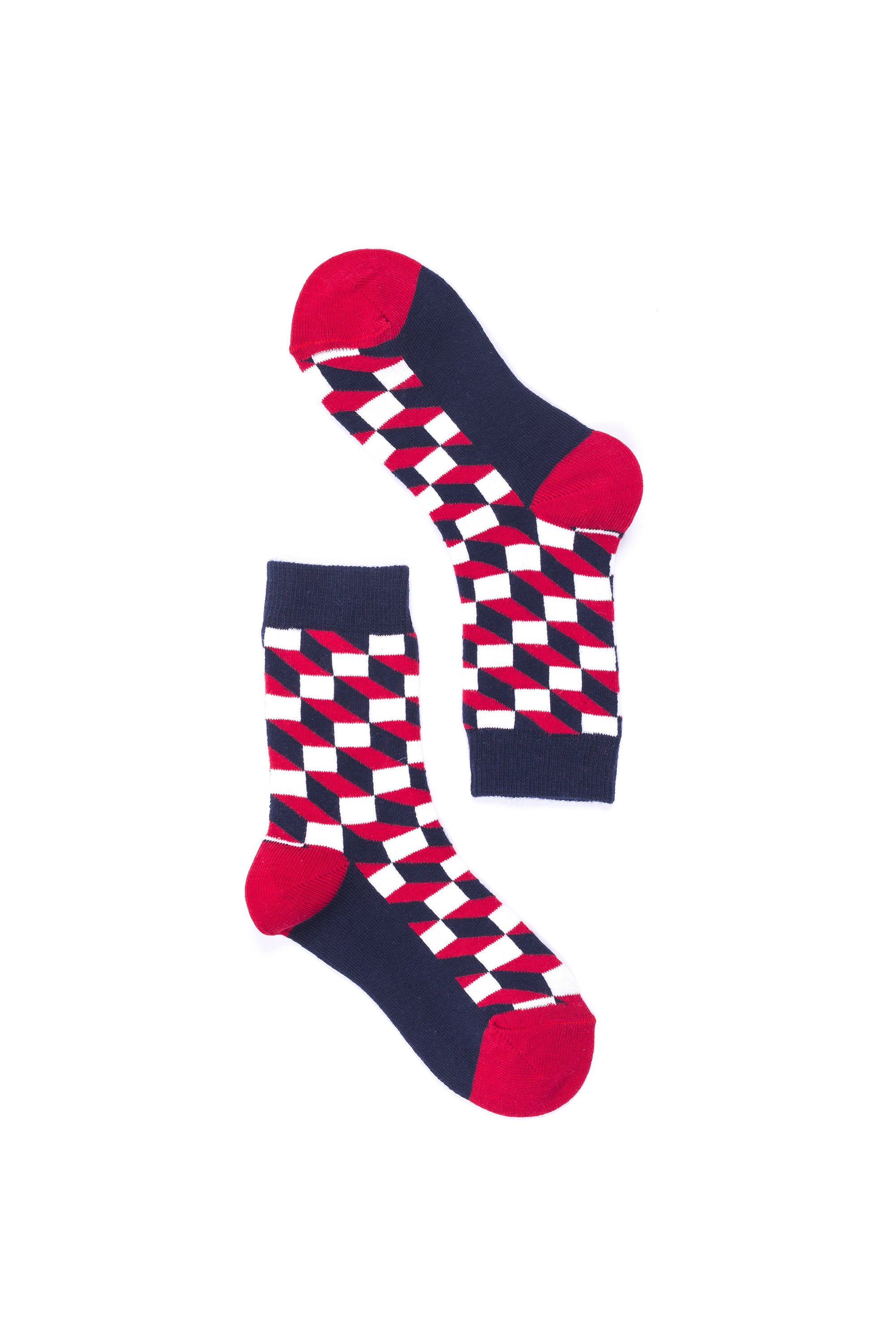 A pair of Women's Navy-Red Block Socks featuring a vibrant block design, made from soft Turkish cotton for comfort and style.