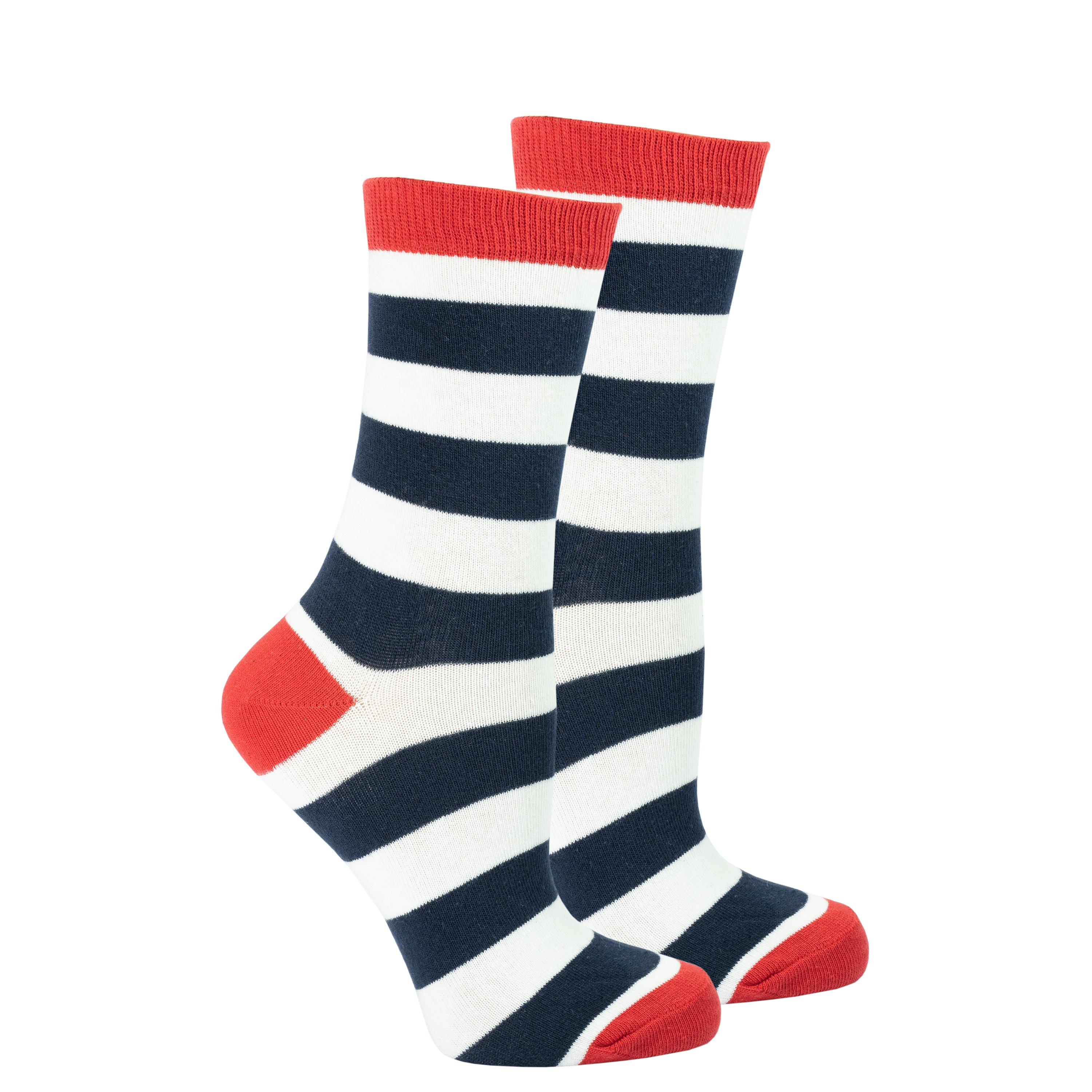 A pair of women's navy and white striped socks, showcasing a trendy design perfect for casual and formal wear.