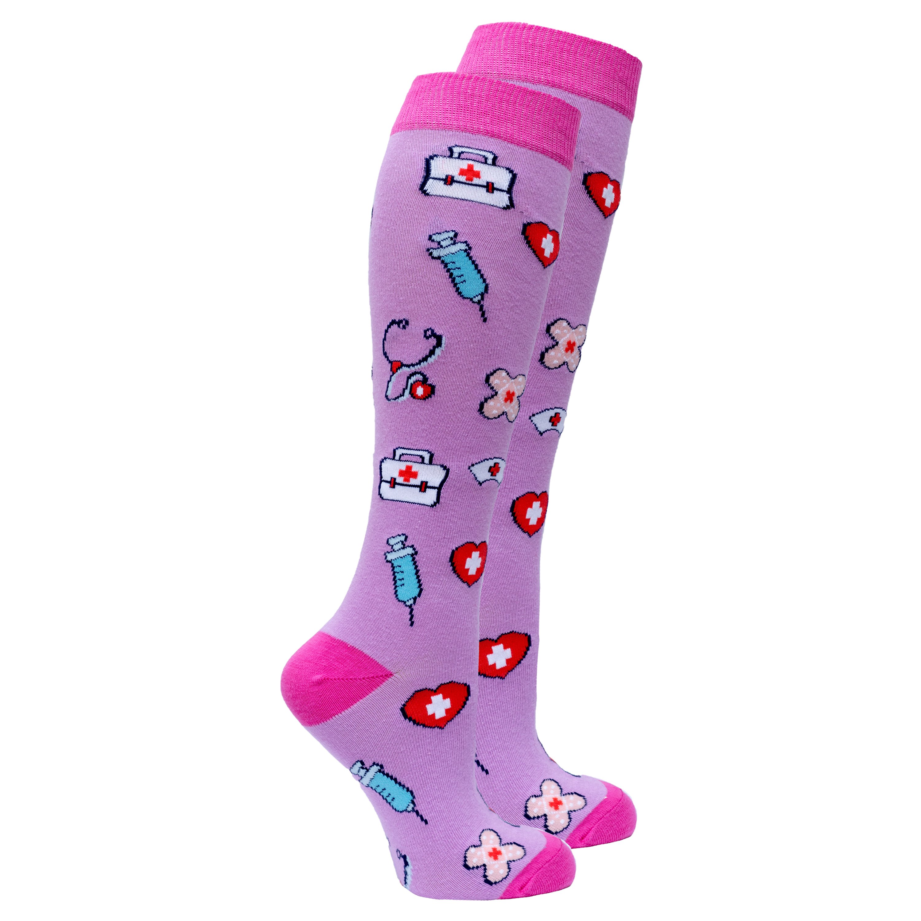 A pair of colorful Women's Nurse Knee High Socks made from soft Turkish cotton, featuring trendy patterns and a comfortable fit.