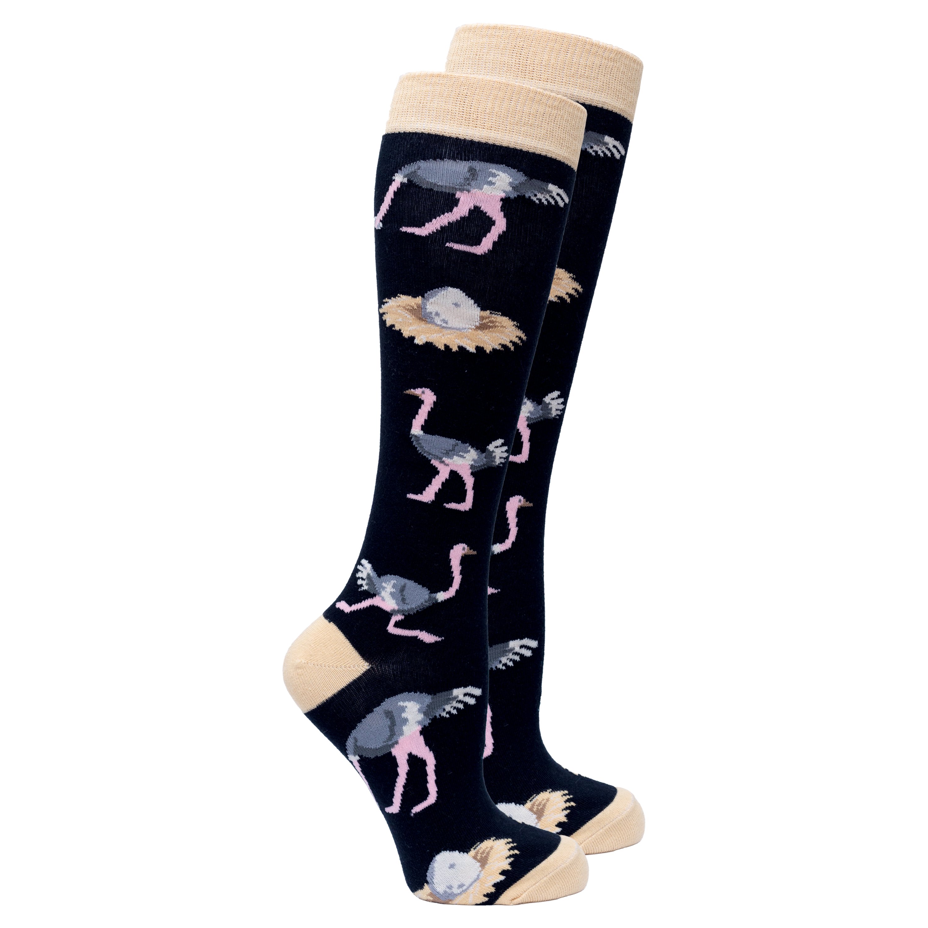 Colorful Women's Ostrich Knee High Socks displayed elegantly, showcasing trendy patterns and soft fabric.