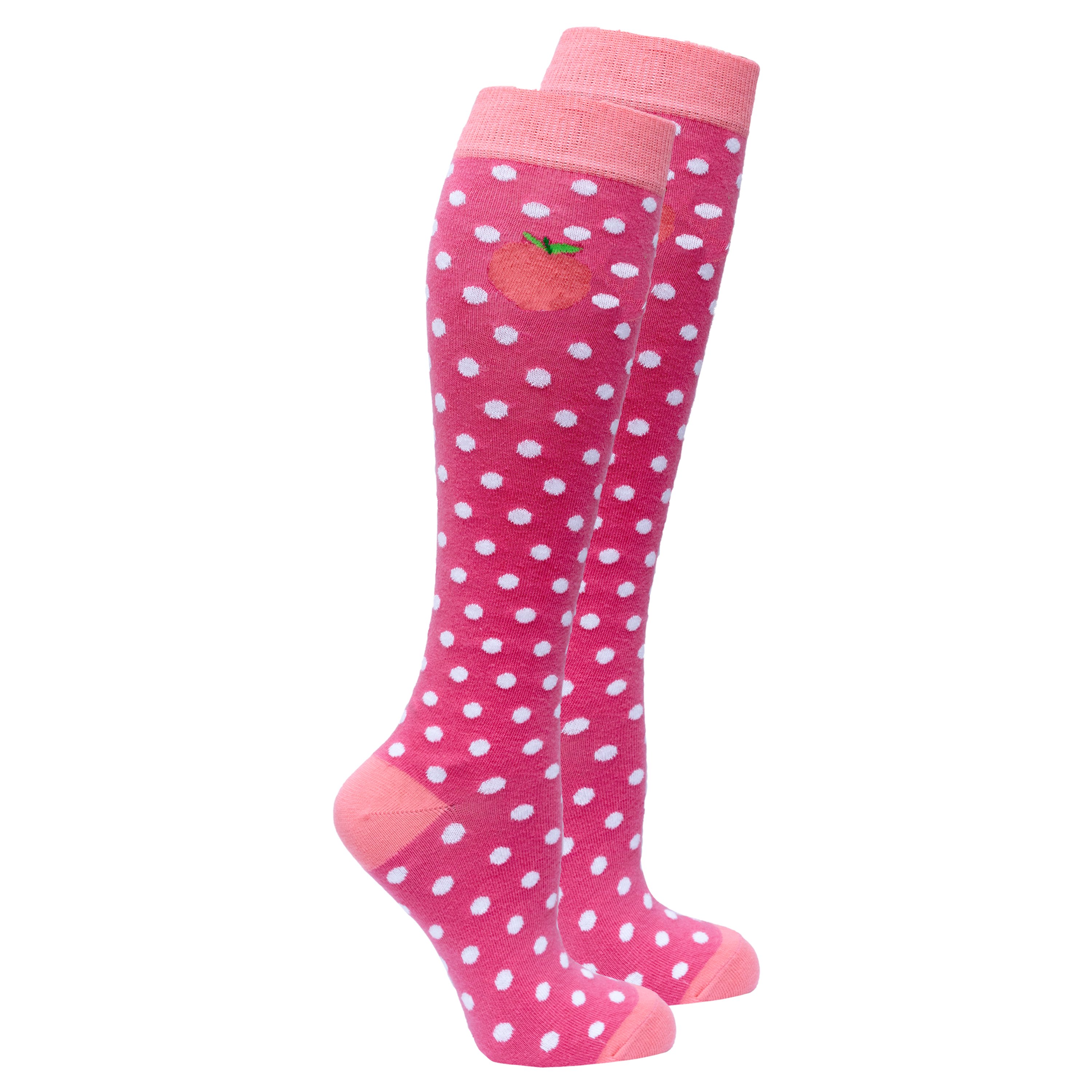 A pair of stylish Women's Peach Dot Knee High Socks featuring a vibrant peach dot pattern, perfect for adding flair to any outfit.