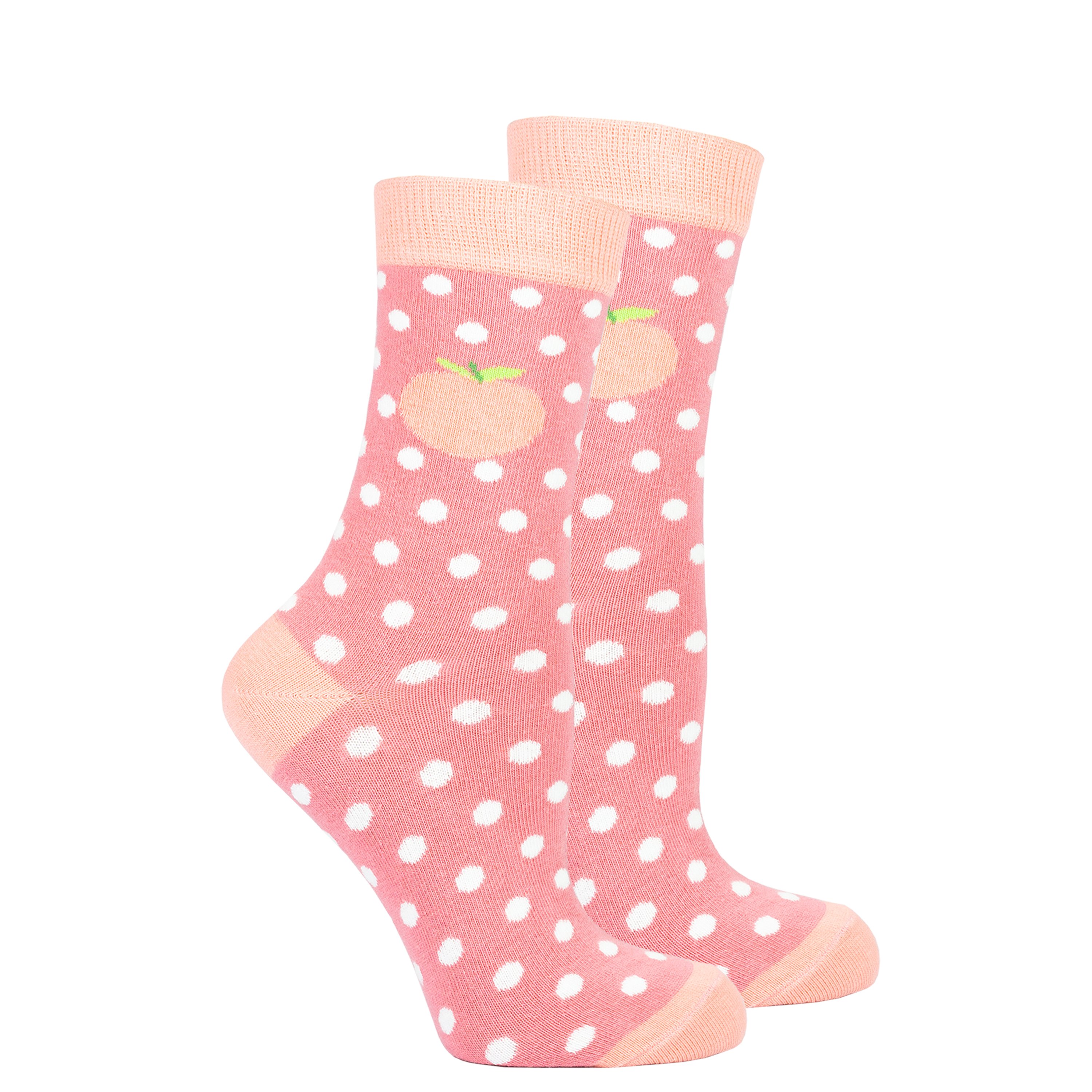 A pair of stylish Women's Peach Dot Socks featuring a playful peach dot pattern, made from soft Turkish cotton for comfort.