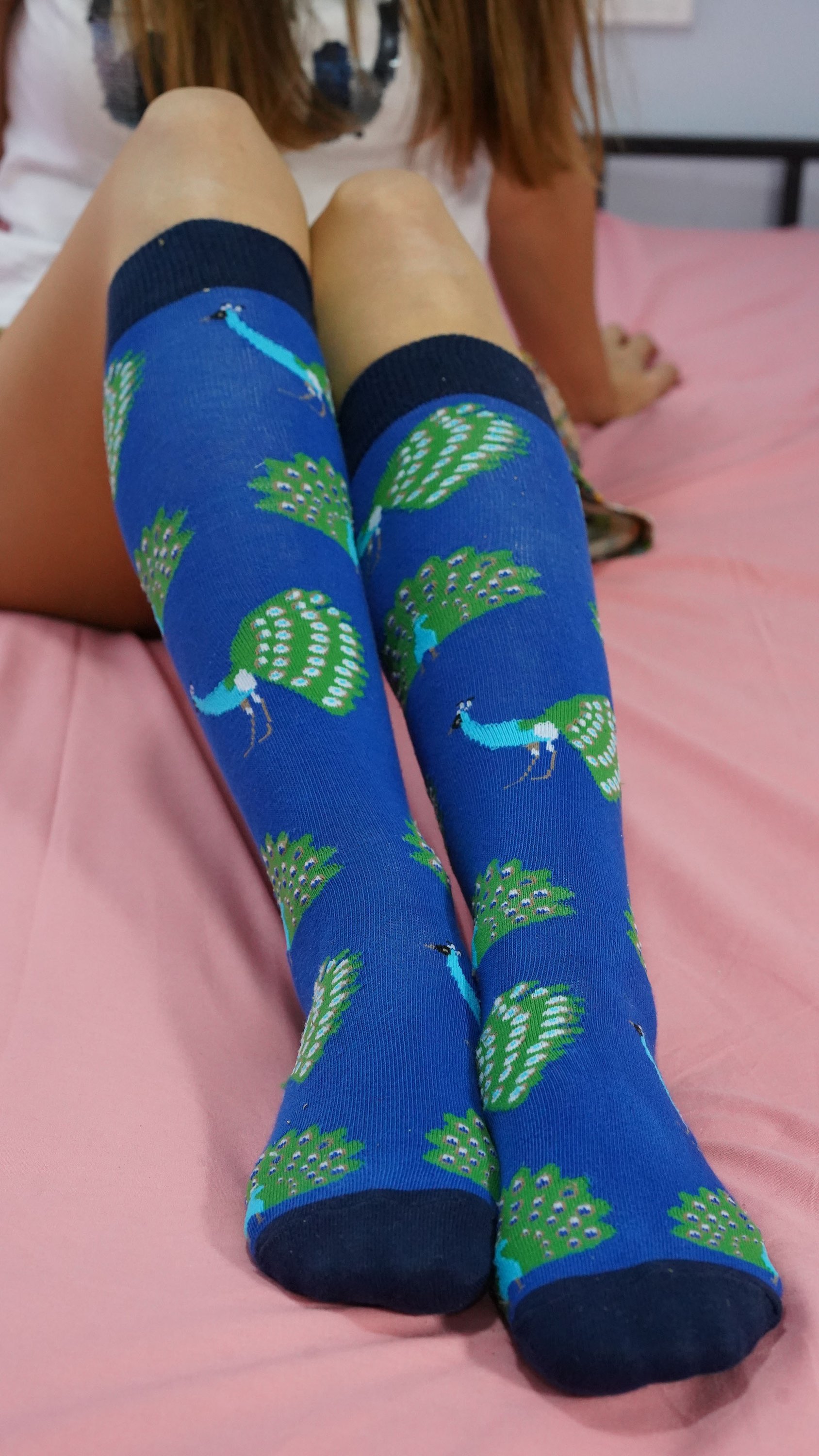 Colorful Women's Peacock Knee High Socks featuring a vibrant peacock design, perfect for adding flair to any outfit.