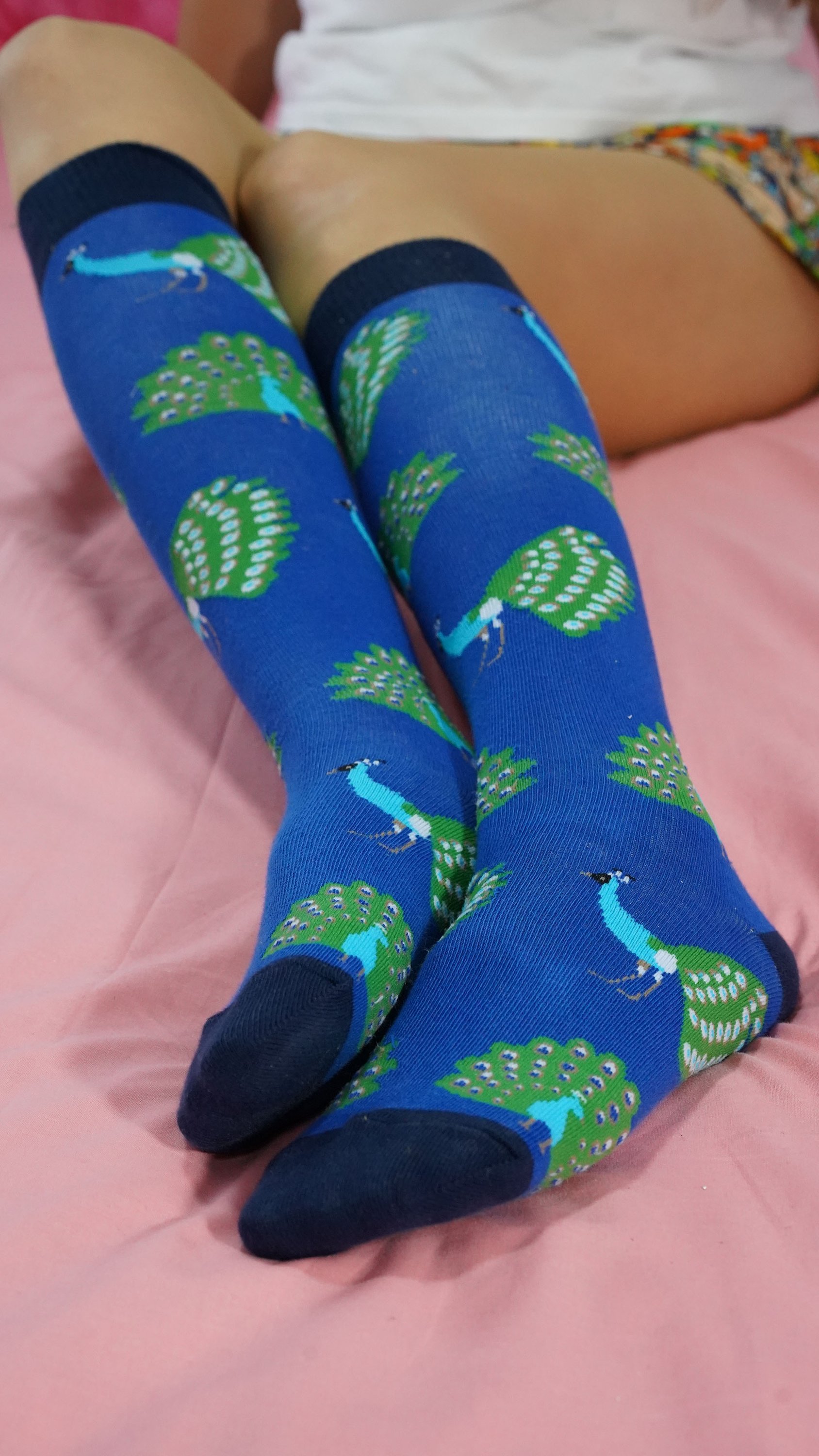 Colorful Women's Peacock Knee High Socks featuring a vibrant peacock design, perfect for adding flair to any outfit.