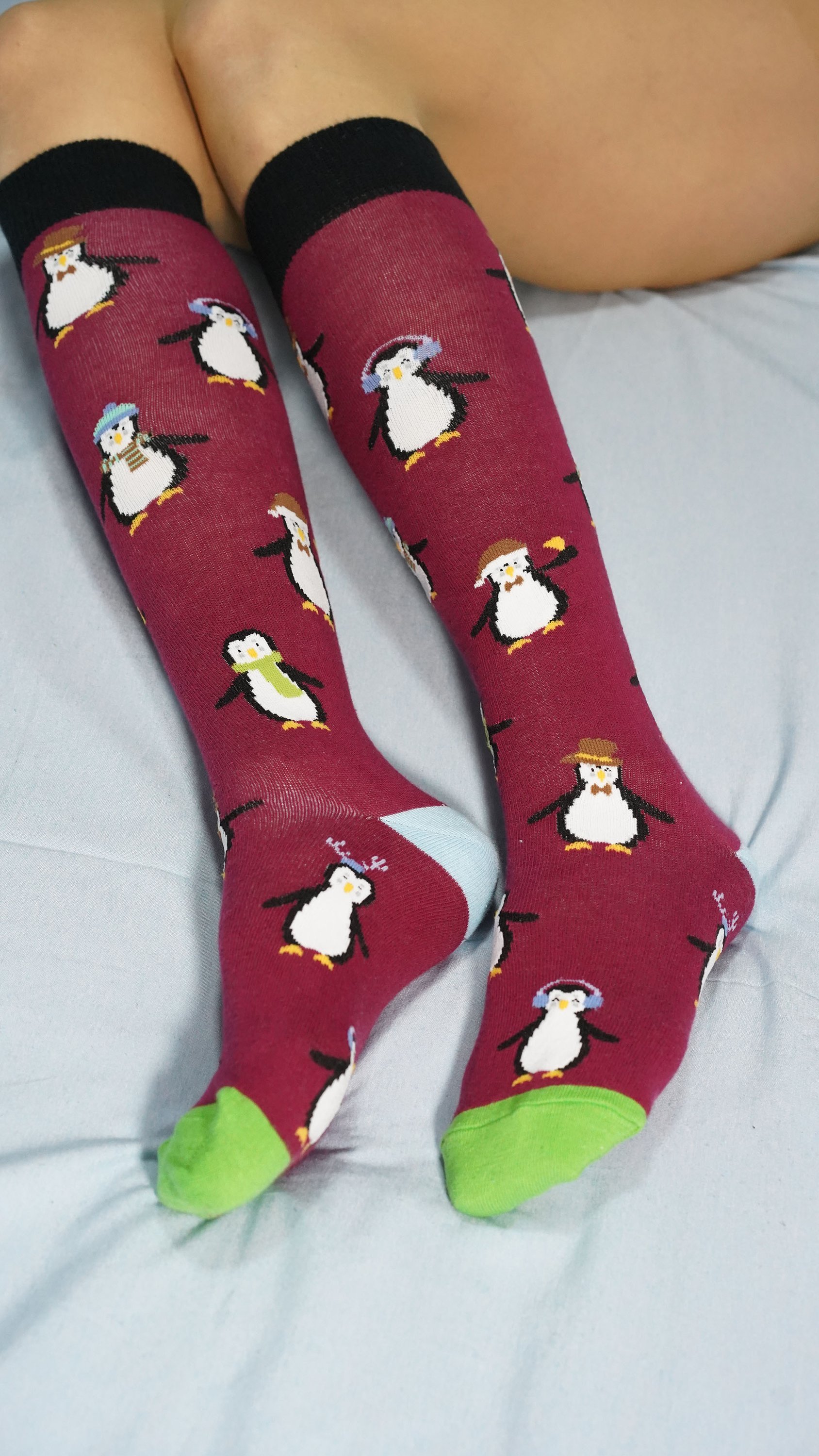 Colorful Women's Penguin Knee High Socks featuring playful penguin designs, made from soft Turkish cotton for comfort.