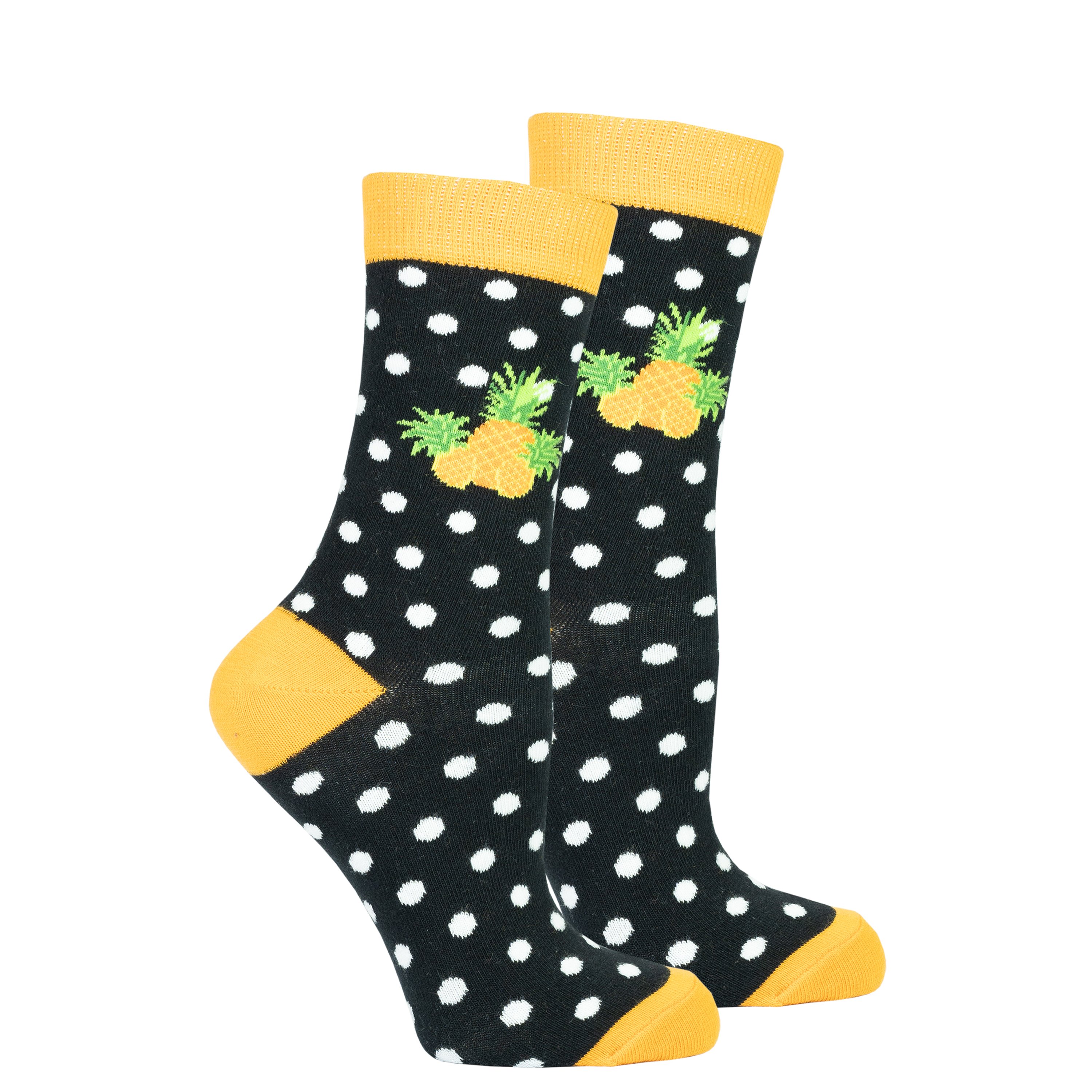 A pair of colorful Women's Pineapple Dot Socks featuring a vibrant pineapple pattern, made from soft Turkish cotton.