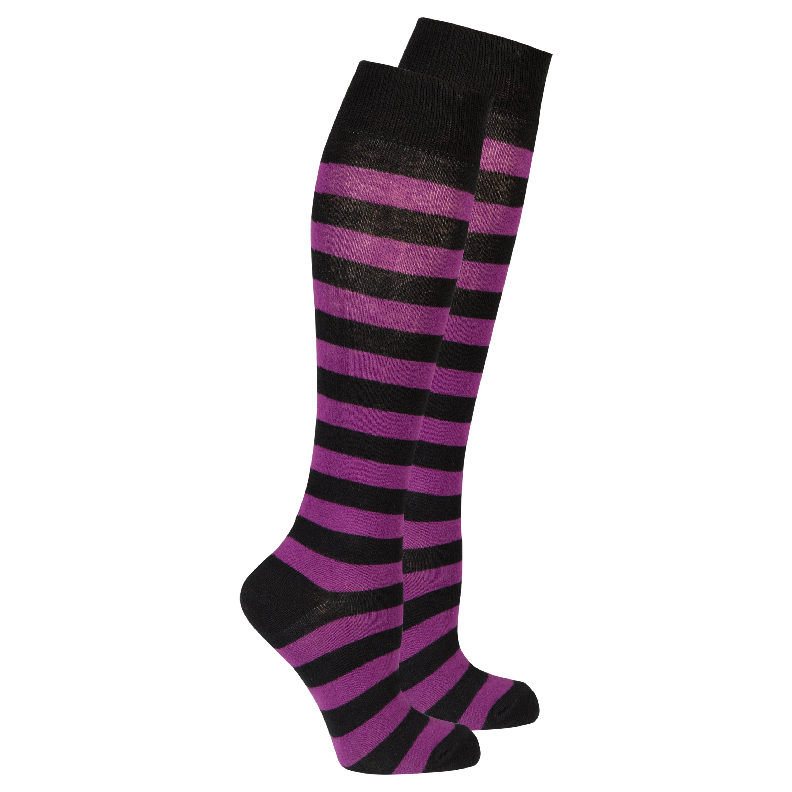 A pair of Women's Plum Stripe Knee High Socks featuring vibrant plum stripes and a comfortable fit, perfect for stylish outfits.