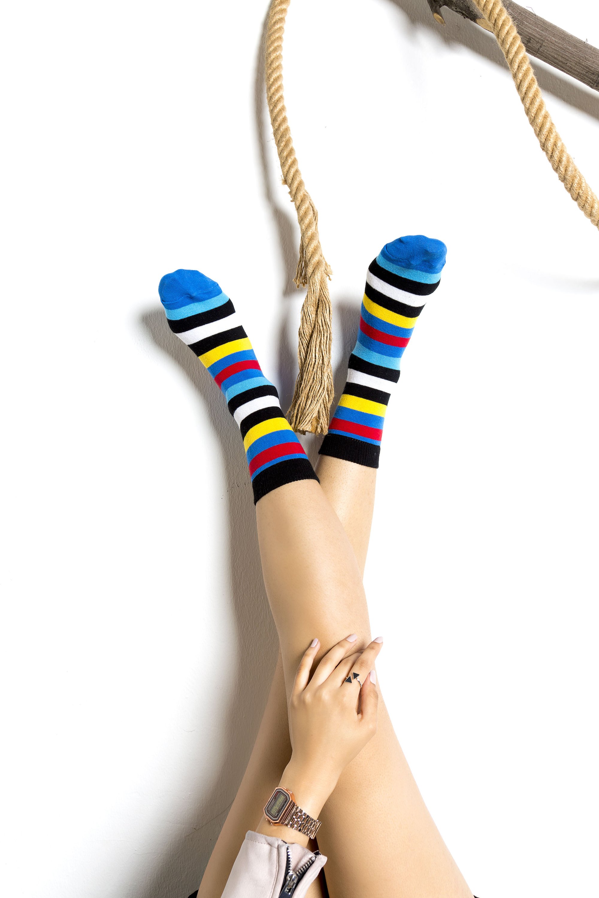 Colorful Women's Popular Stripes Socks Set featuring trendy patterns and premium cotton material for comfort.