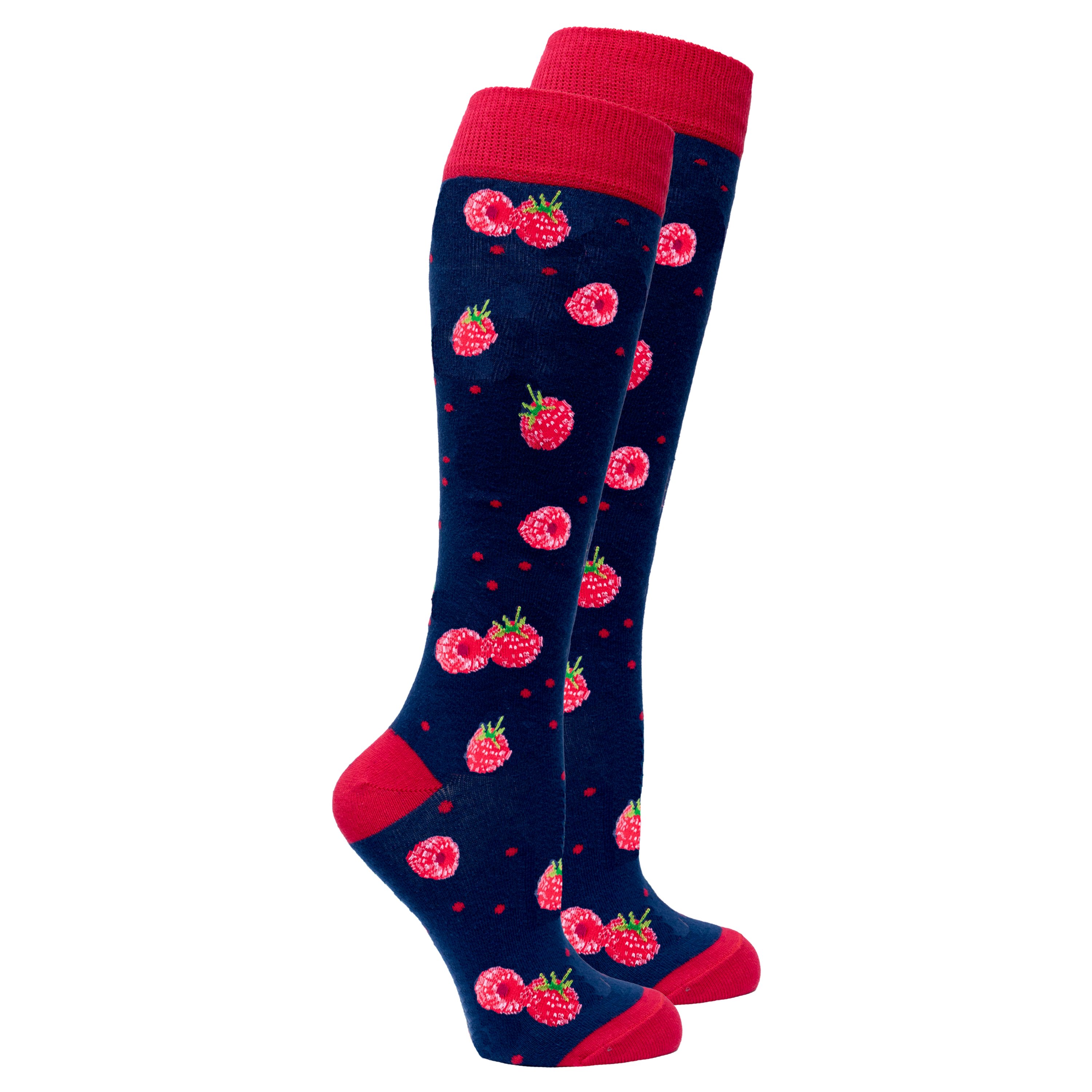 A pair of vibrant raspberry knee high socks made from soft Turkish cotton, featuring trendy patterns and a comfortable fit.