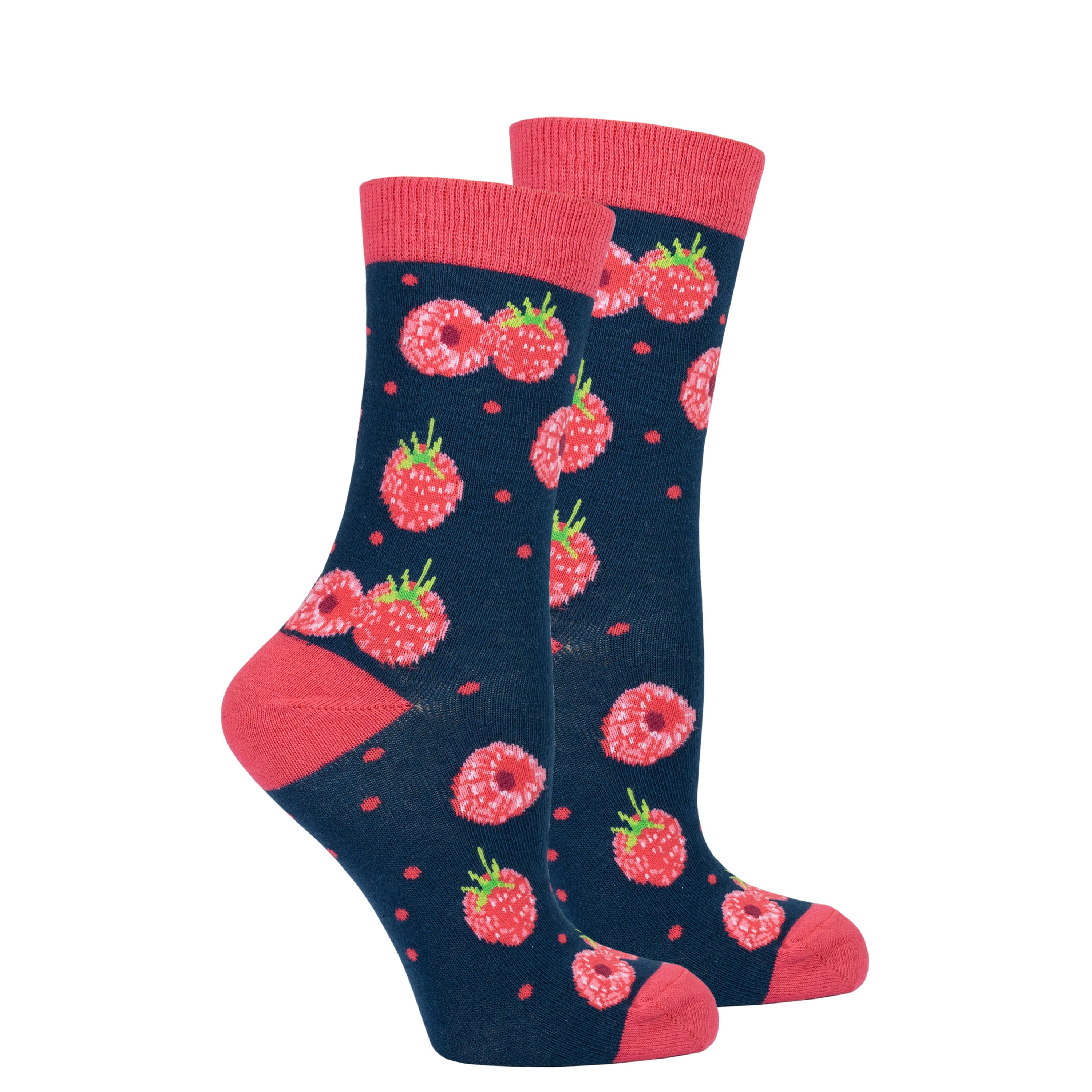 A pair of vibrant women's raspberry socks featuring trendy patterns, made from premium cotton for comfort and style.