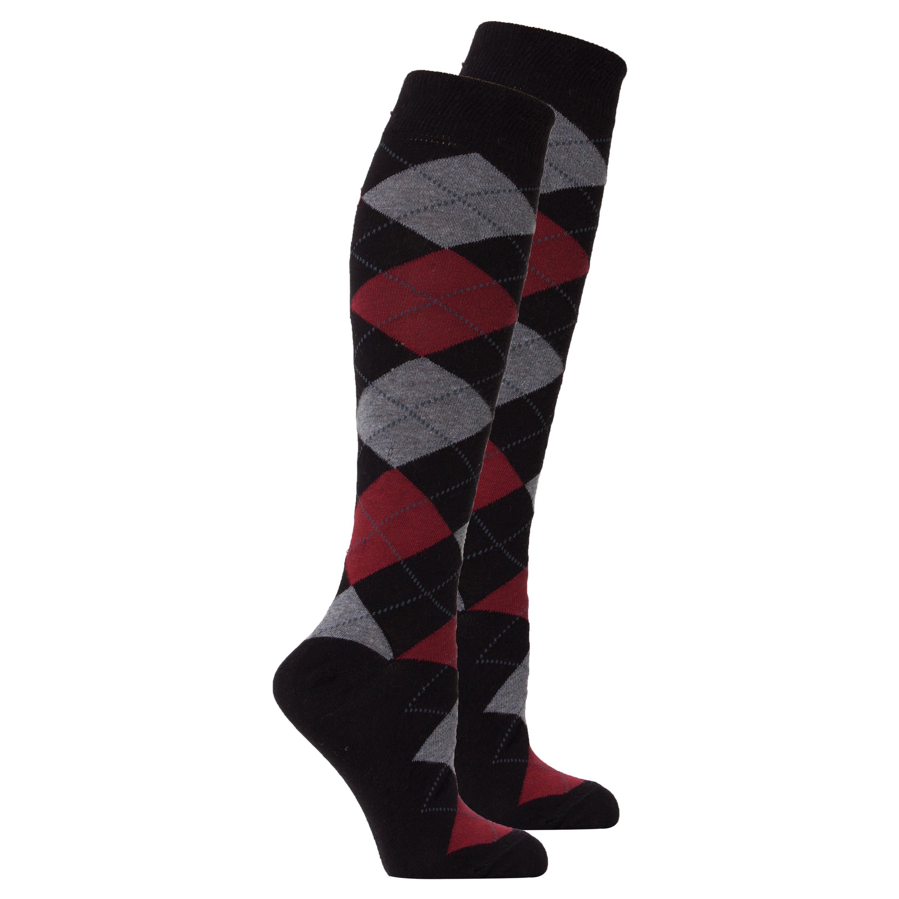 A pair of Women's Red Stone Argyle Knee High Socks featuring a vibrant argyle pattern, made from soft Turkish cotton for comfort and style.