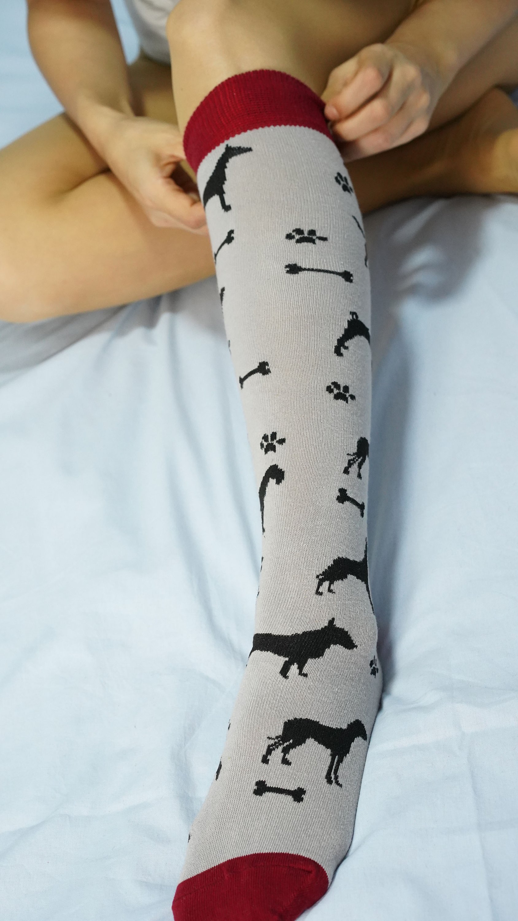 A pair of Women's Shadow Dog Knee High Socks featuring colorful and trendy designs, perfect for adding style to any outfit.