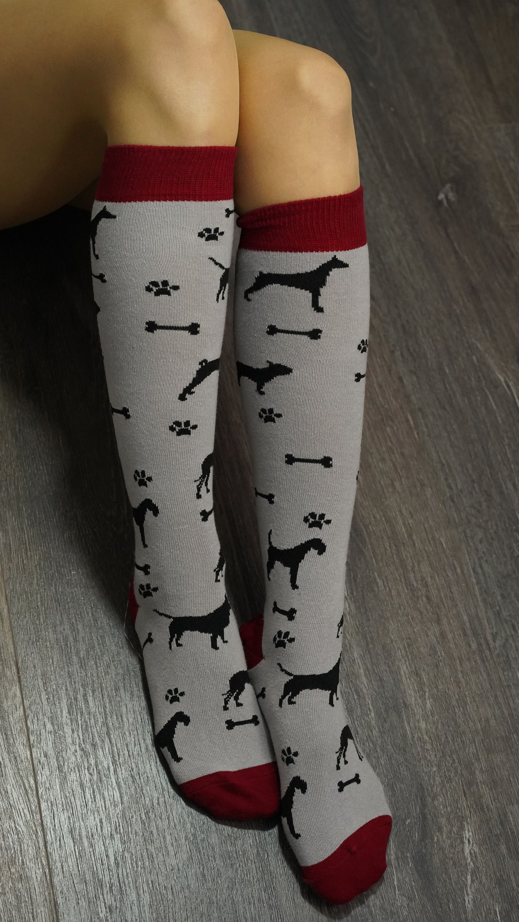 A pair of Women's Shadow Dog Knee High Socks featuring colorful and trendy designs, perfect for adding style to any outfit.