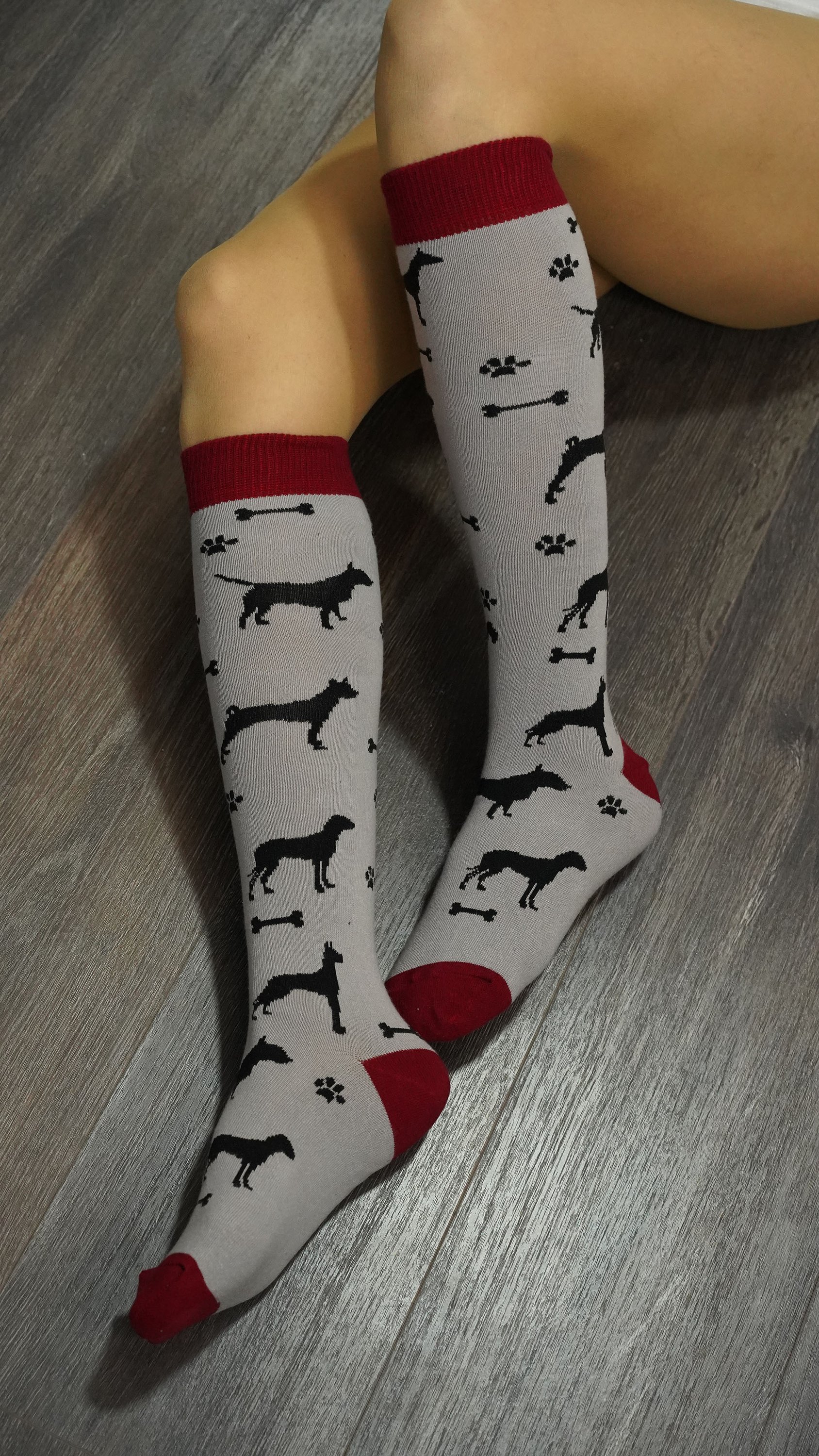 A pair of Women's Shadow Dog Knee High Socks featuring colorful and trendy designs, perfect for adding style to any outfit.