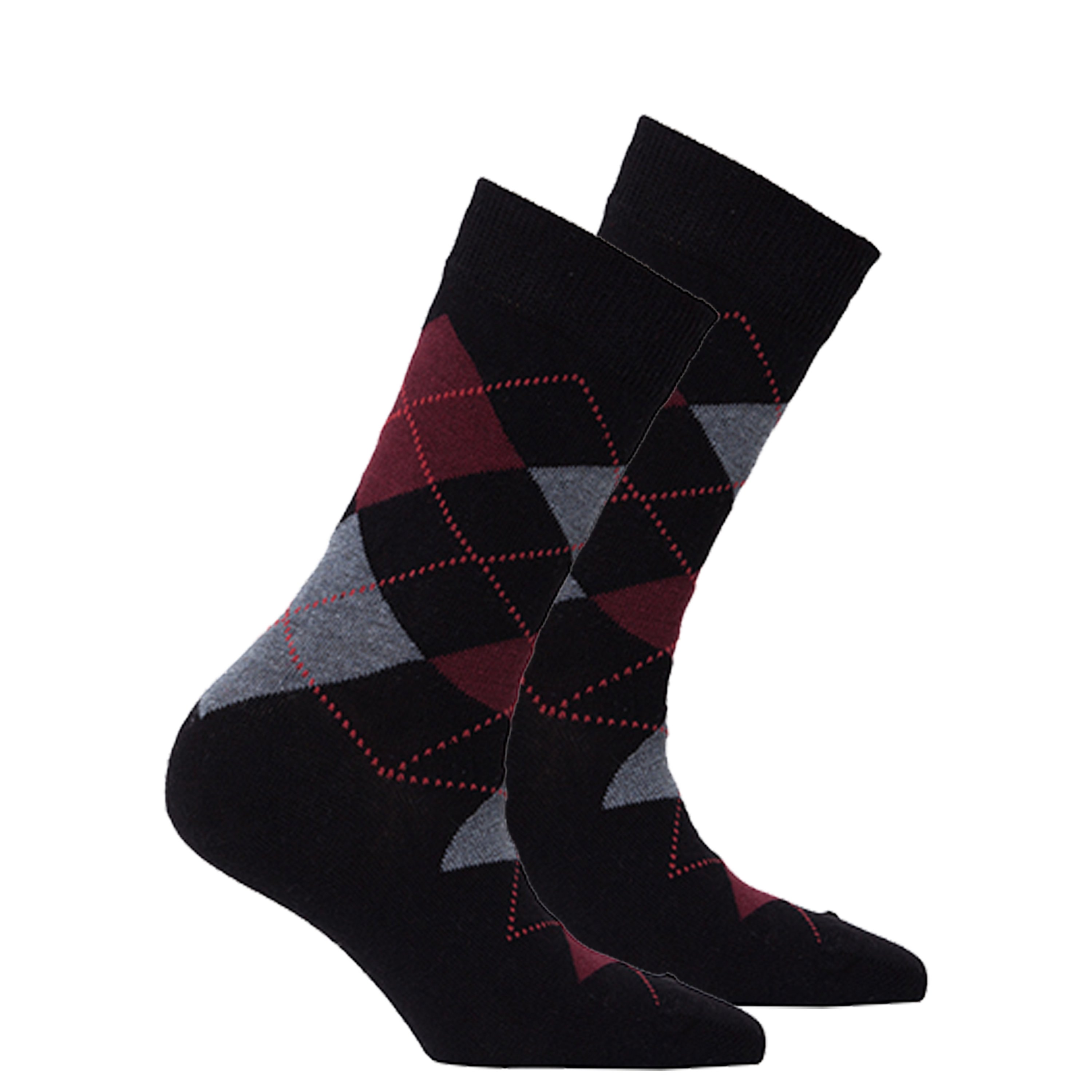 A pair of Women's Shiny Black Argyle Socks featuring a trendy design with a shiny finish, perfect for adding style to any outfit.