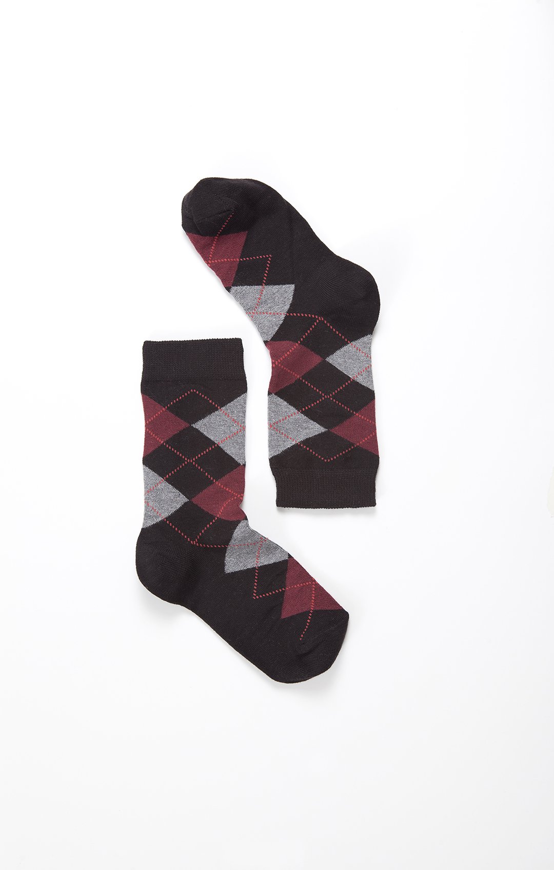 A pair of Women's Shiny Black Argyle Socks featuring a trendy design with a shiny finish, perfect for adding style to any outfit.