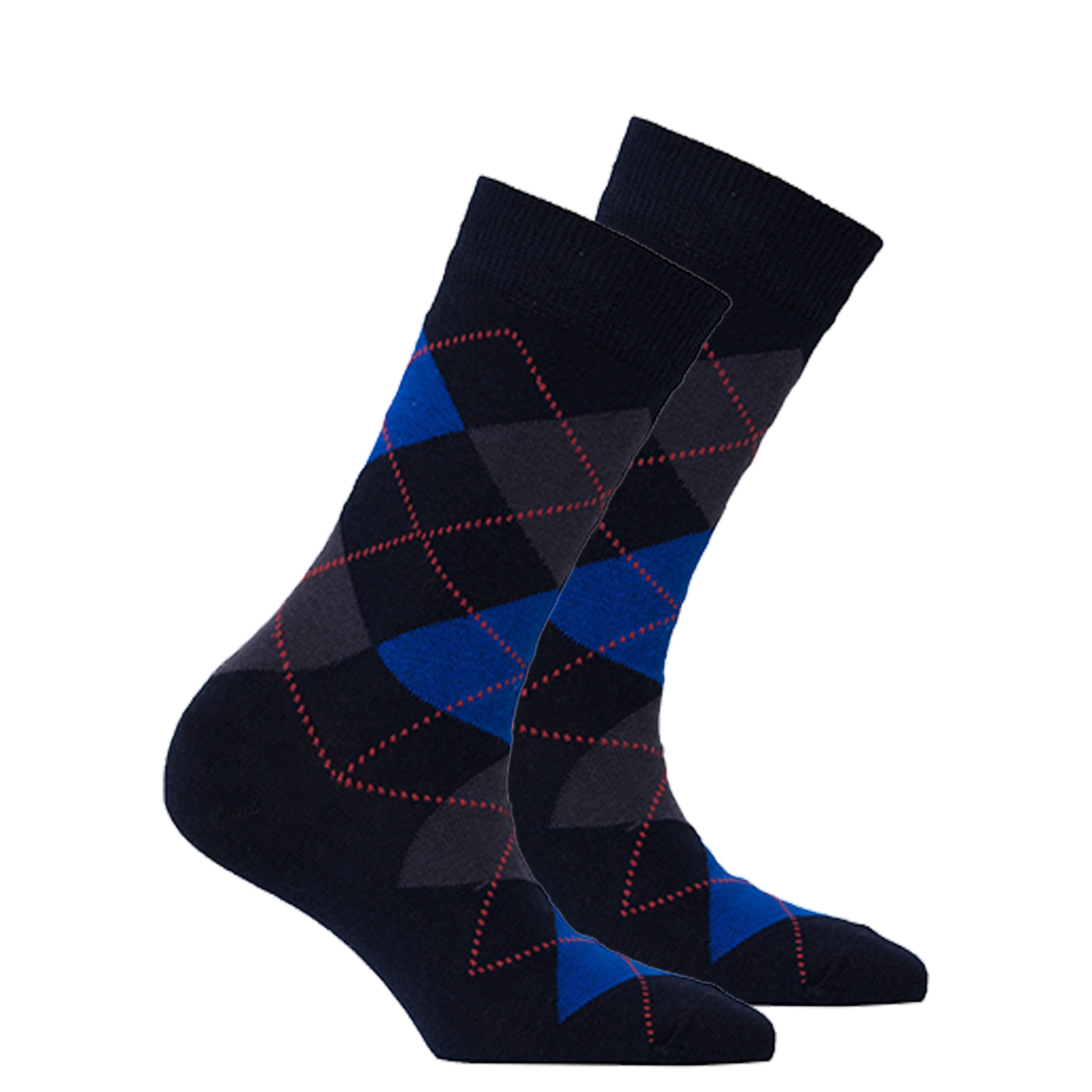 A pair of Women's Shiny Navy Argyle Socks featuring a vibrant argyle pattern, made from soft Turkish cotton for comfort and style.