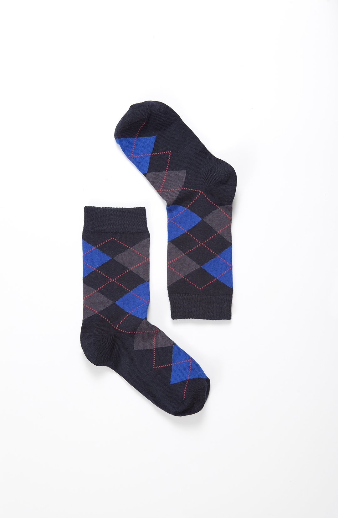 A pair of Women's Shiny Navy Argyle Socks featuring a vibrant argyle pattern, made from soft Turkish cotton for comfort and style.