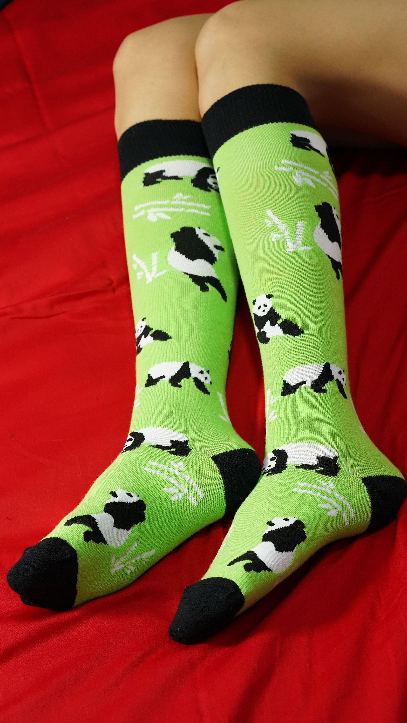 Colorful Women's Silly Panda Knee High Socks featuring playful panda designs, made from soft Turkish cotton for comfort.