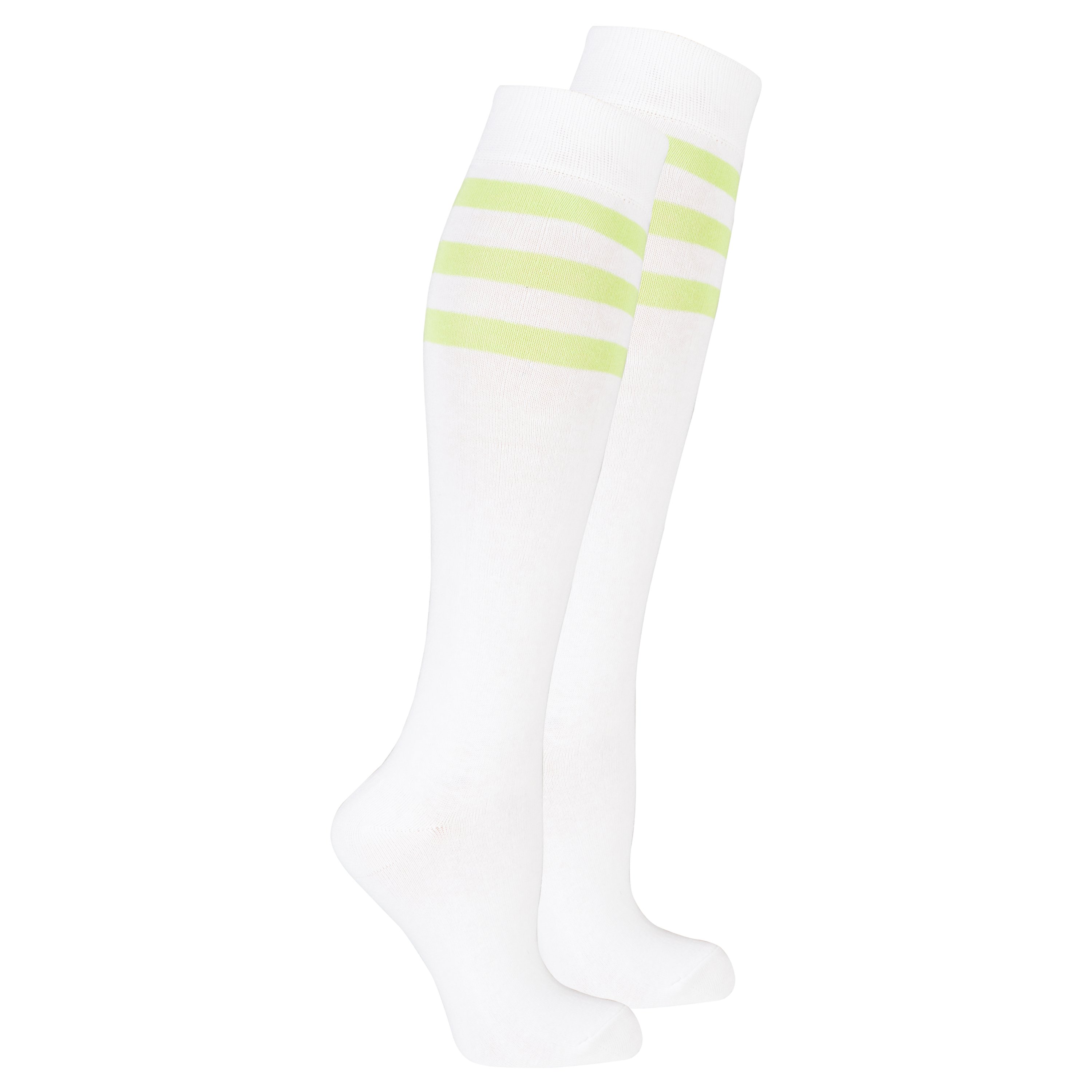 A pair of Women's Solid Green Stripe Knee High Socks showcasing a vibrant green stripe pattern, perfect for adding style and comfort to any outfit.