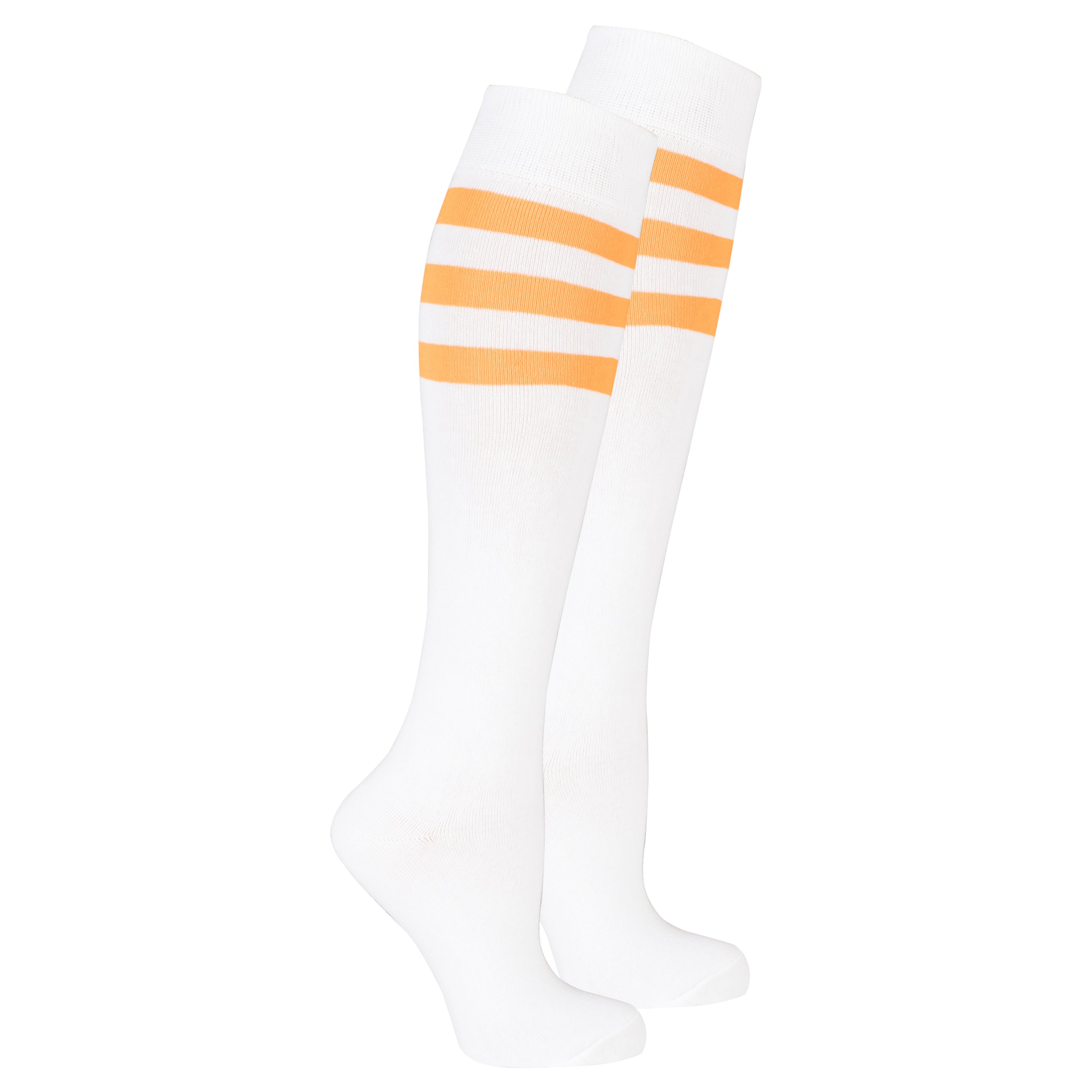 A pair of vibrant women's knee-high socks featuring solid orange stripes, showcasing their stylish design and comfortable fit.