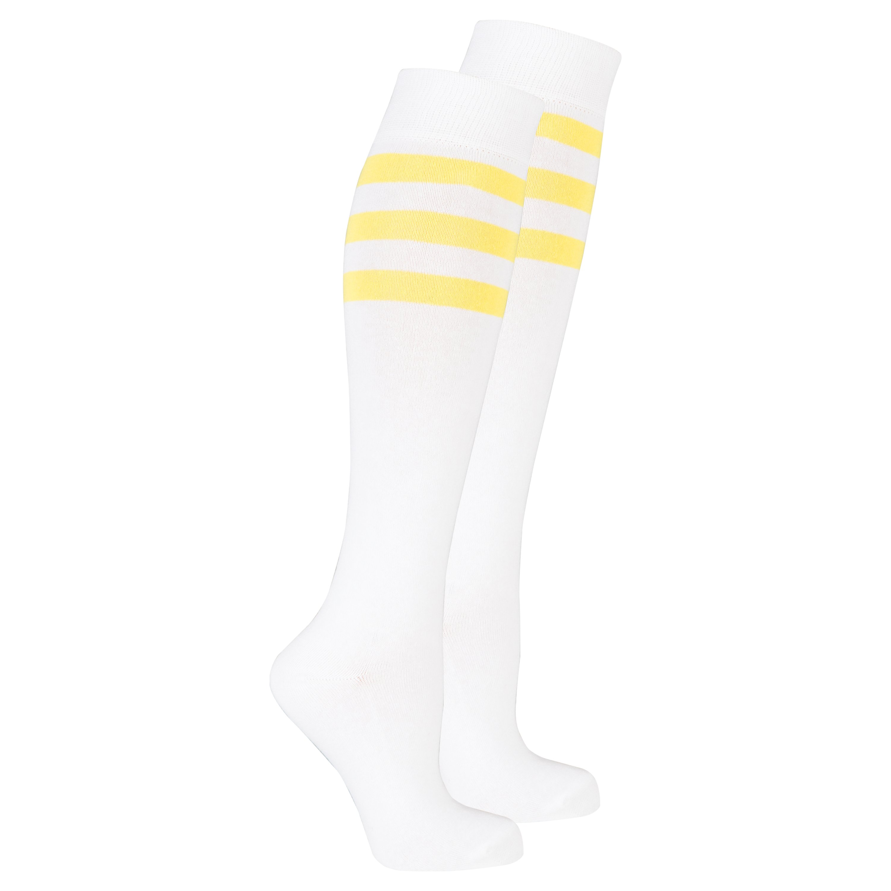 A pair of vibrant women's knee-high socks featuring solid yellow with stylish stripes, perfect for adding flair to any outfit.