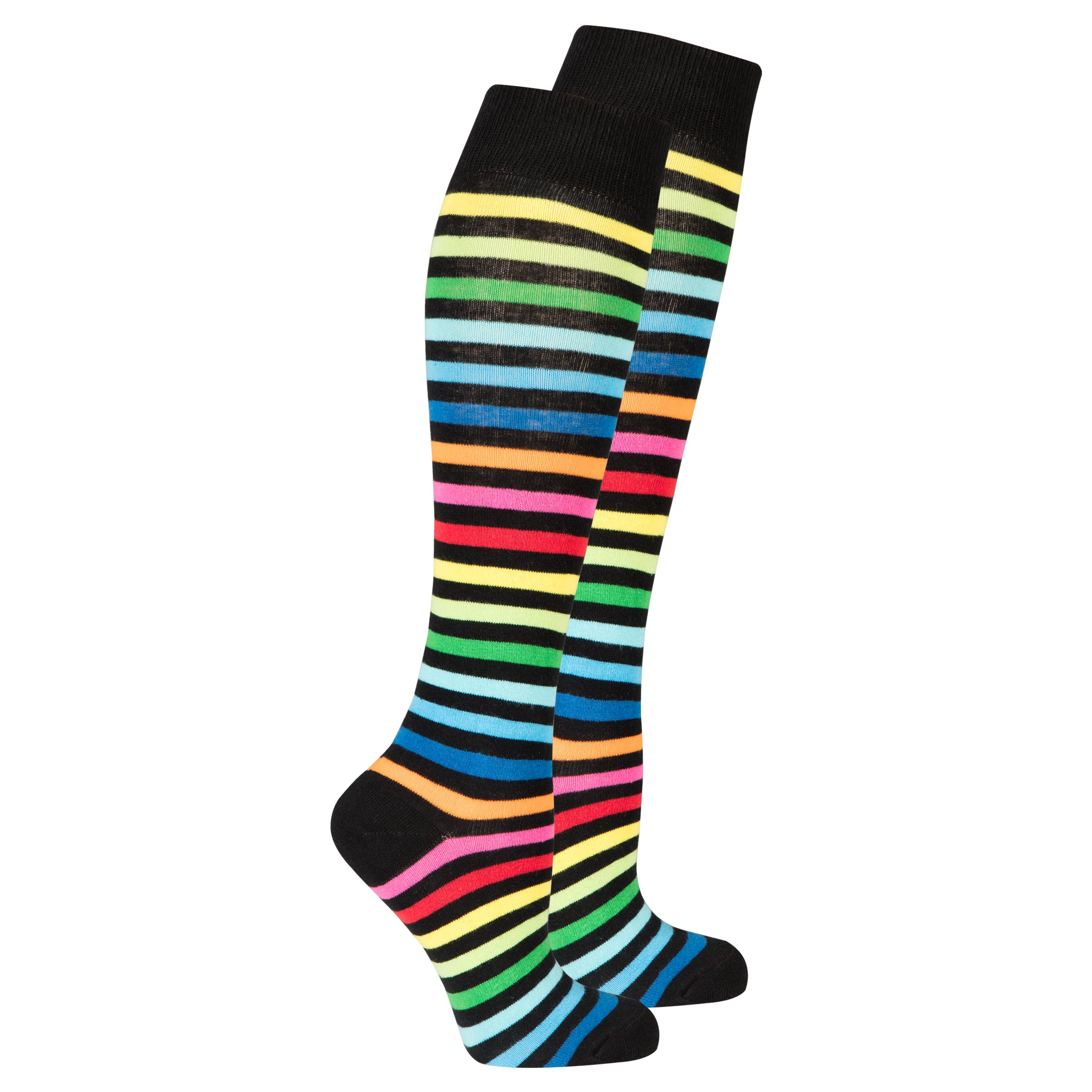 Colorful Women's Splashy Stripe Knee High Socks showcasing vibrant patterns and soft fabric, perfect for stylish comfort.