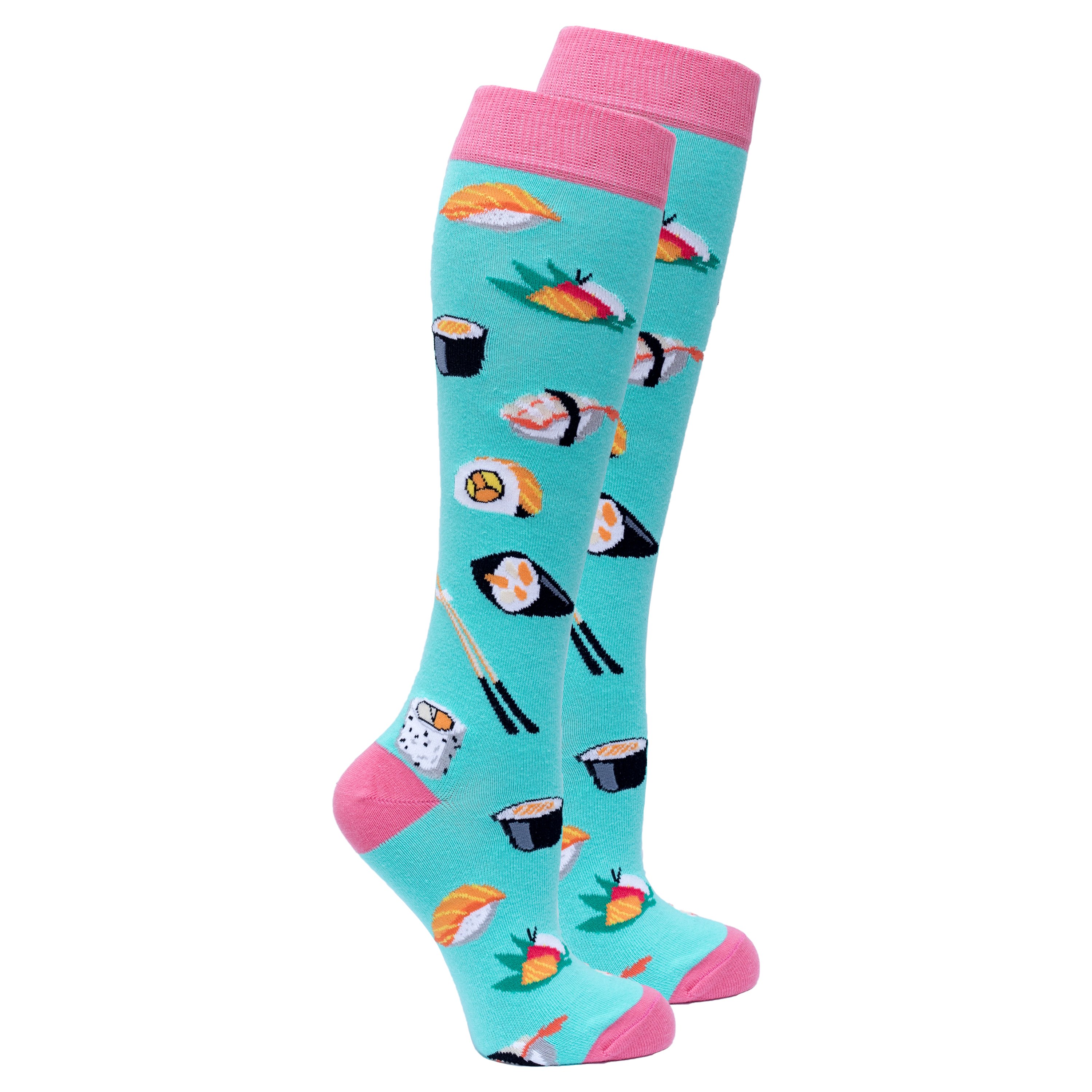 Colorful Women's Sushi Time Knee High Socks featuring sushi patterns, made from soft cotton for comfort and style.