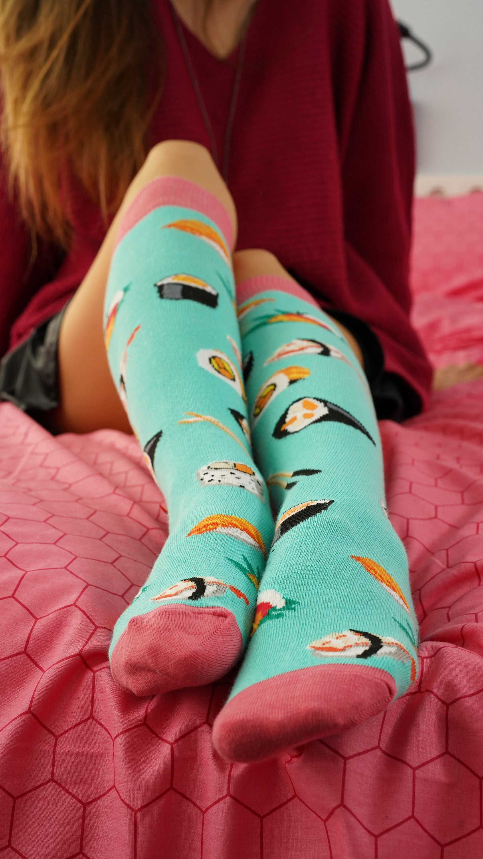 Colorful Women's Sushi Time Knee High Socks featuring sushi patterns, made from soft cotton for comfort and style.